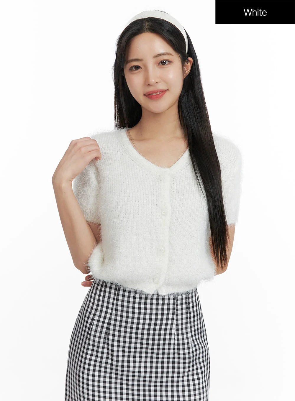 Fuzzy V-Neck Button Short Sleeve Sweater OF416 - Image 8