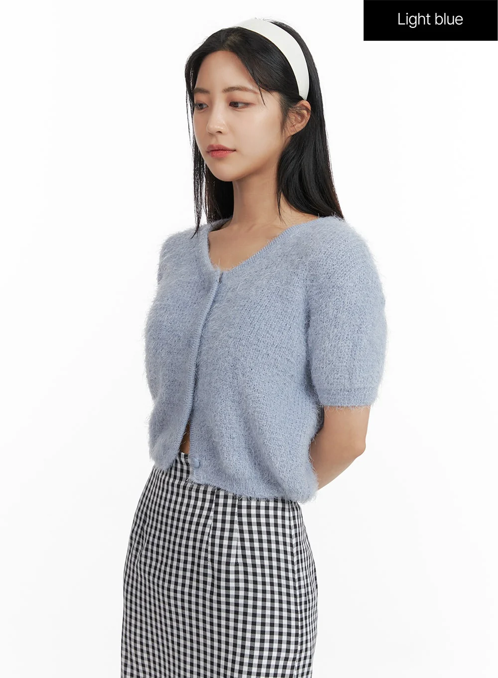 Fuzzy V-Neck Button Short Sleeve Sweater OF416 - Image 9