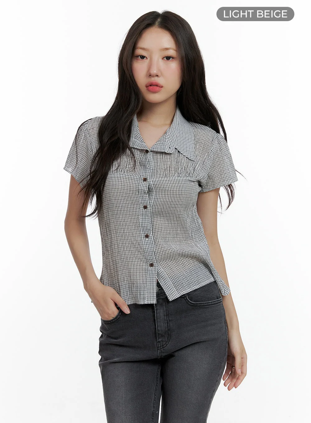 Gingham Buttoned Collar Short Sleeve Blouse CL410 - Image 6