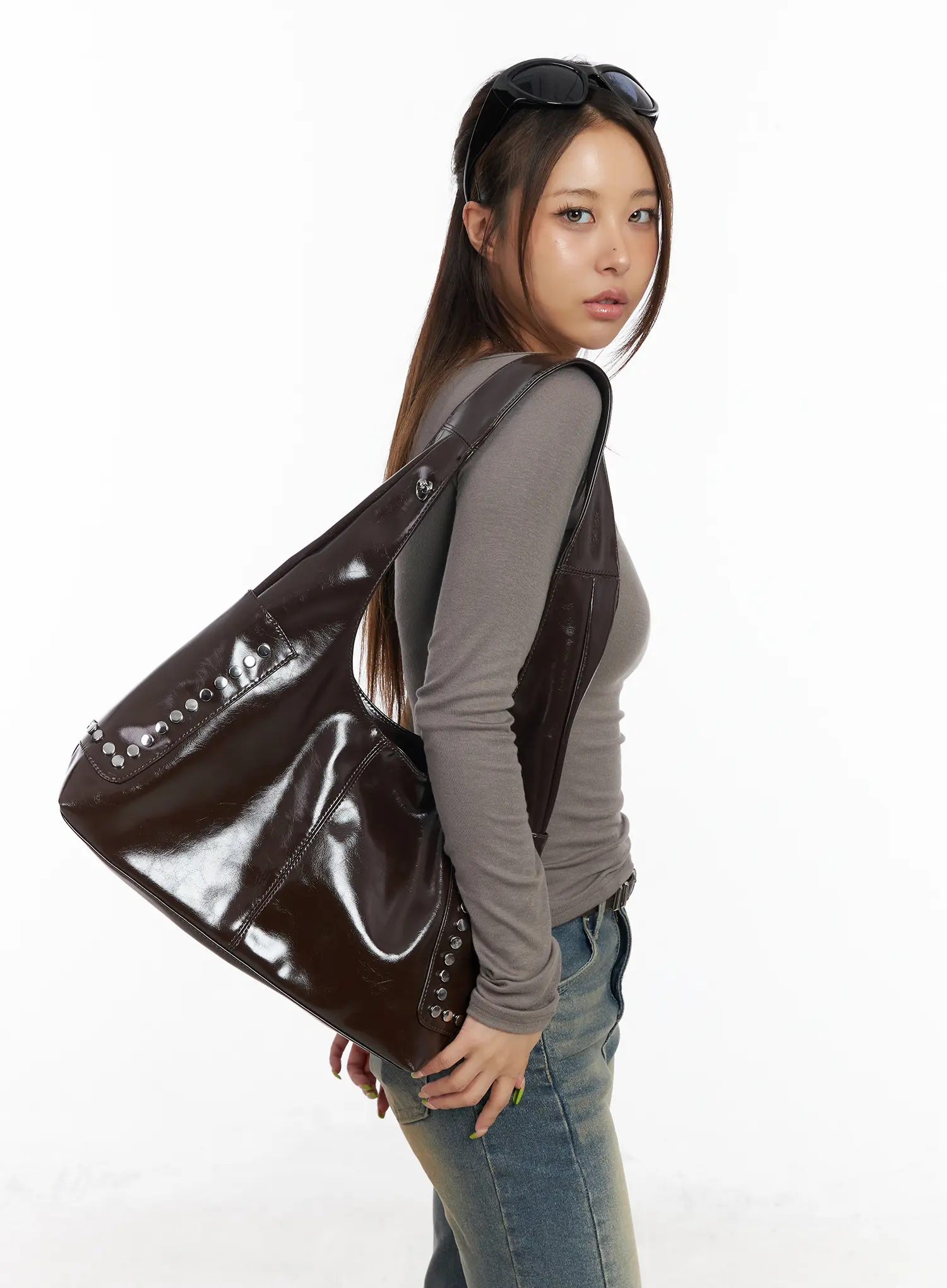 Glossy Faux Leather Studded Shoulder Bag CM520 - Image 2