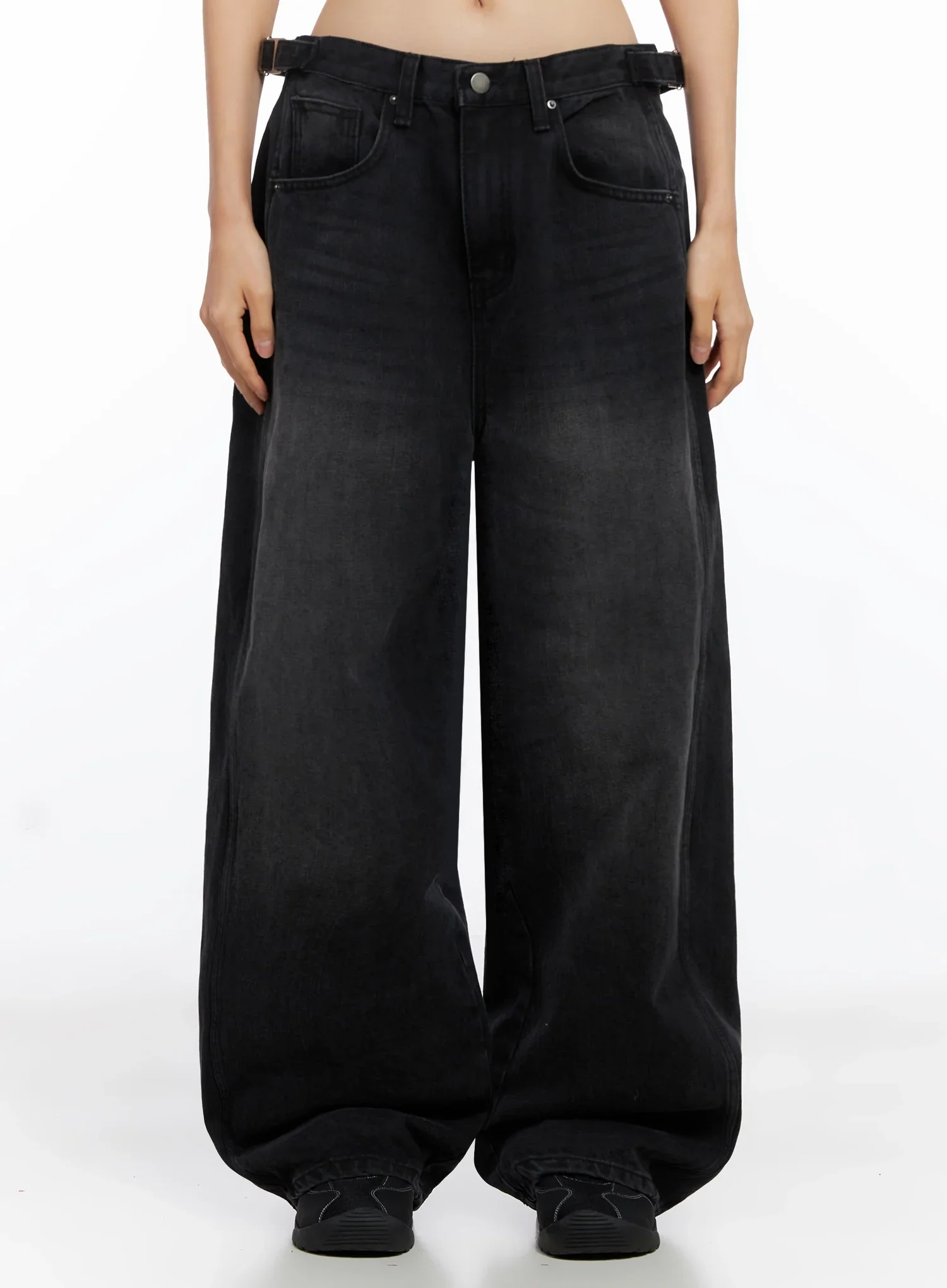 Goffel Side Belt Washed Wide Denim Pants IO517