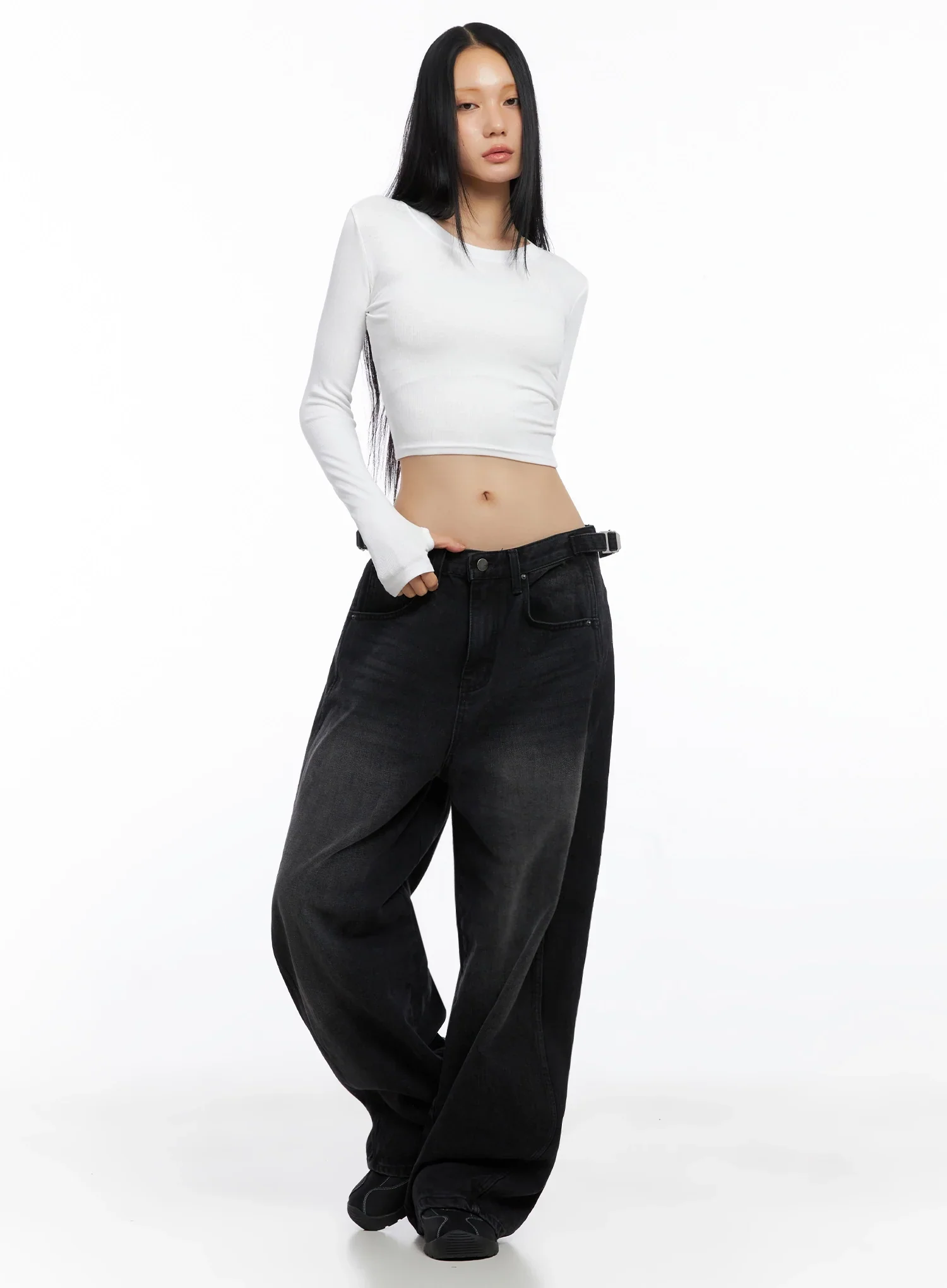 Goffel Side Belt Washed Wide Denim Pants IO517 - Image 2