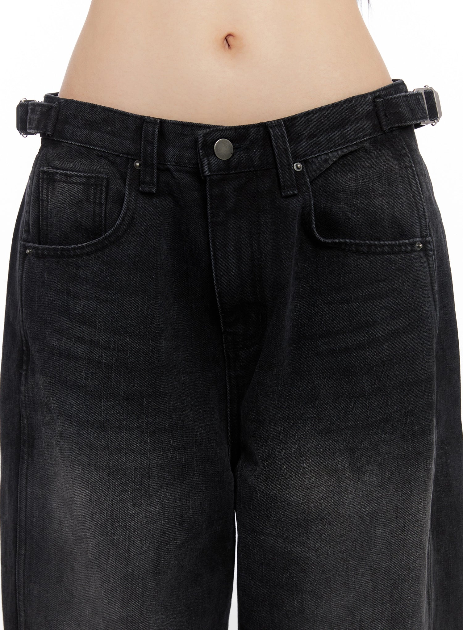 Goffel Side Belt Washed Wide Denim Pants IO517 - Image 3