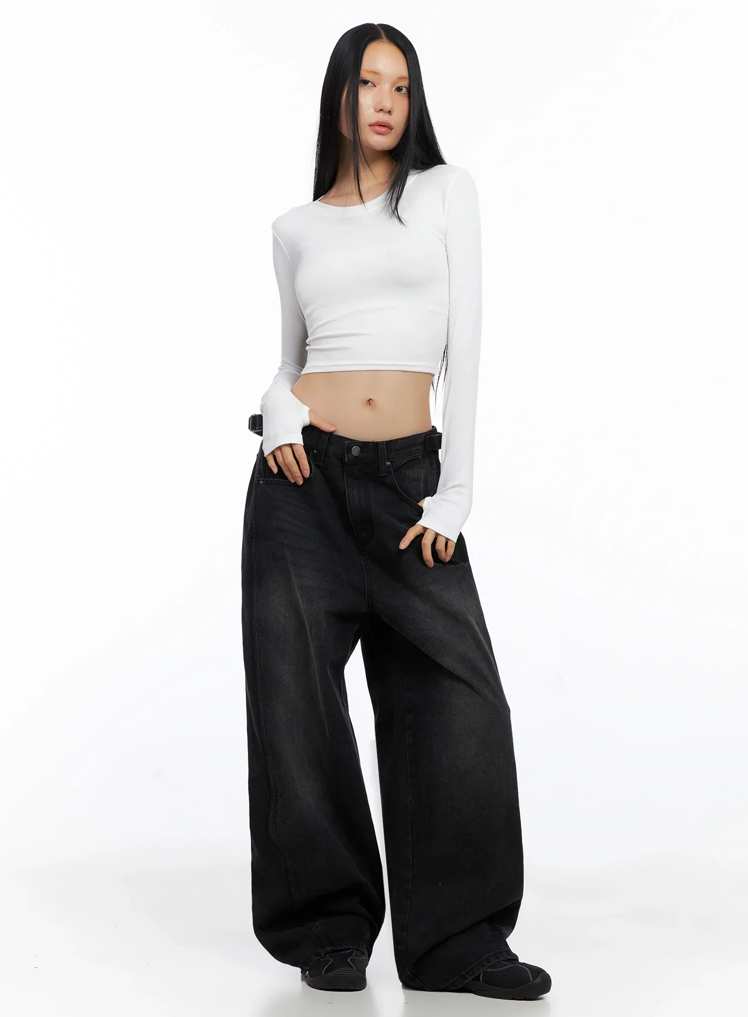 Goffel Side Belt Washed Wide Denim Pants IO517 - Image 6