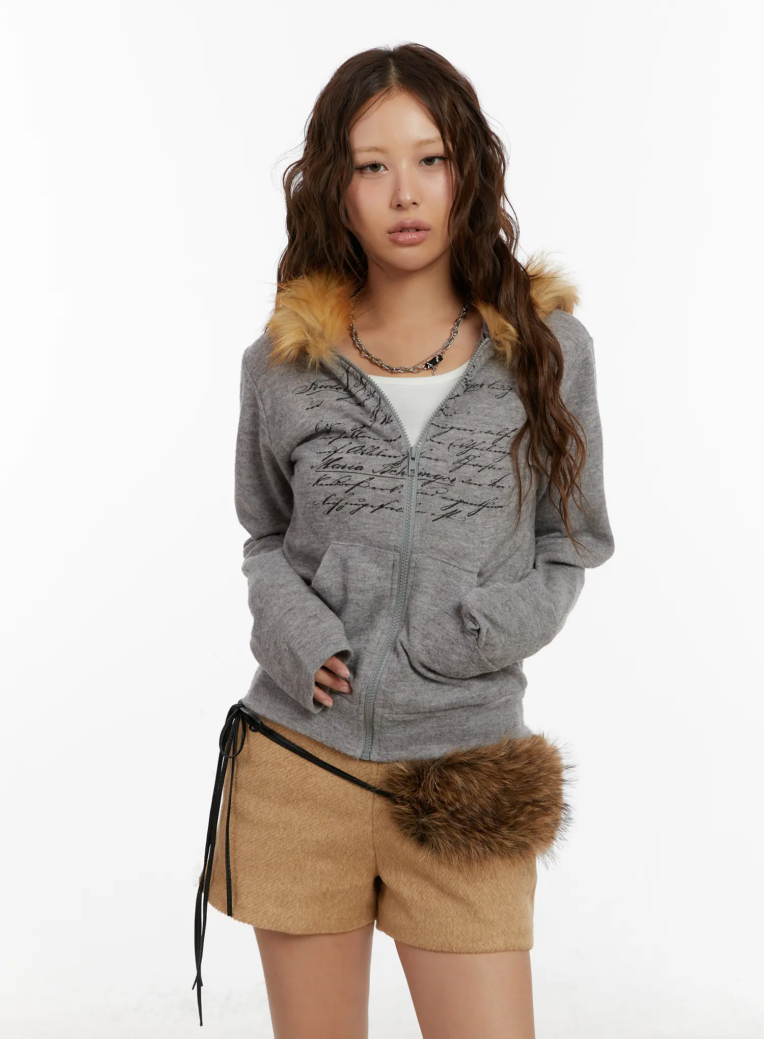 Graphic Faux Fur Trim Zip-Up Hoodie CD512 - Image 11