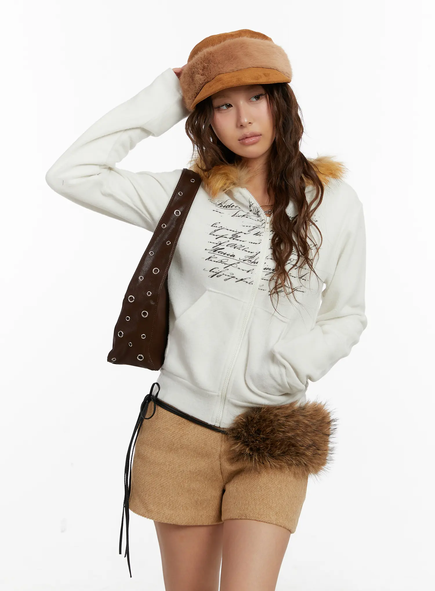 Graphic Faux Fur Trim Zip-Up Hoodie CD512 - Image 4