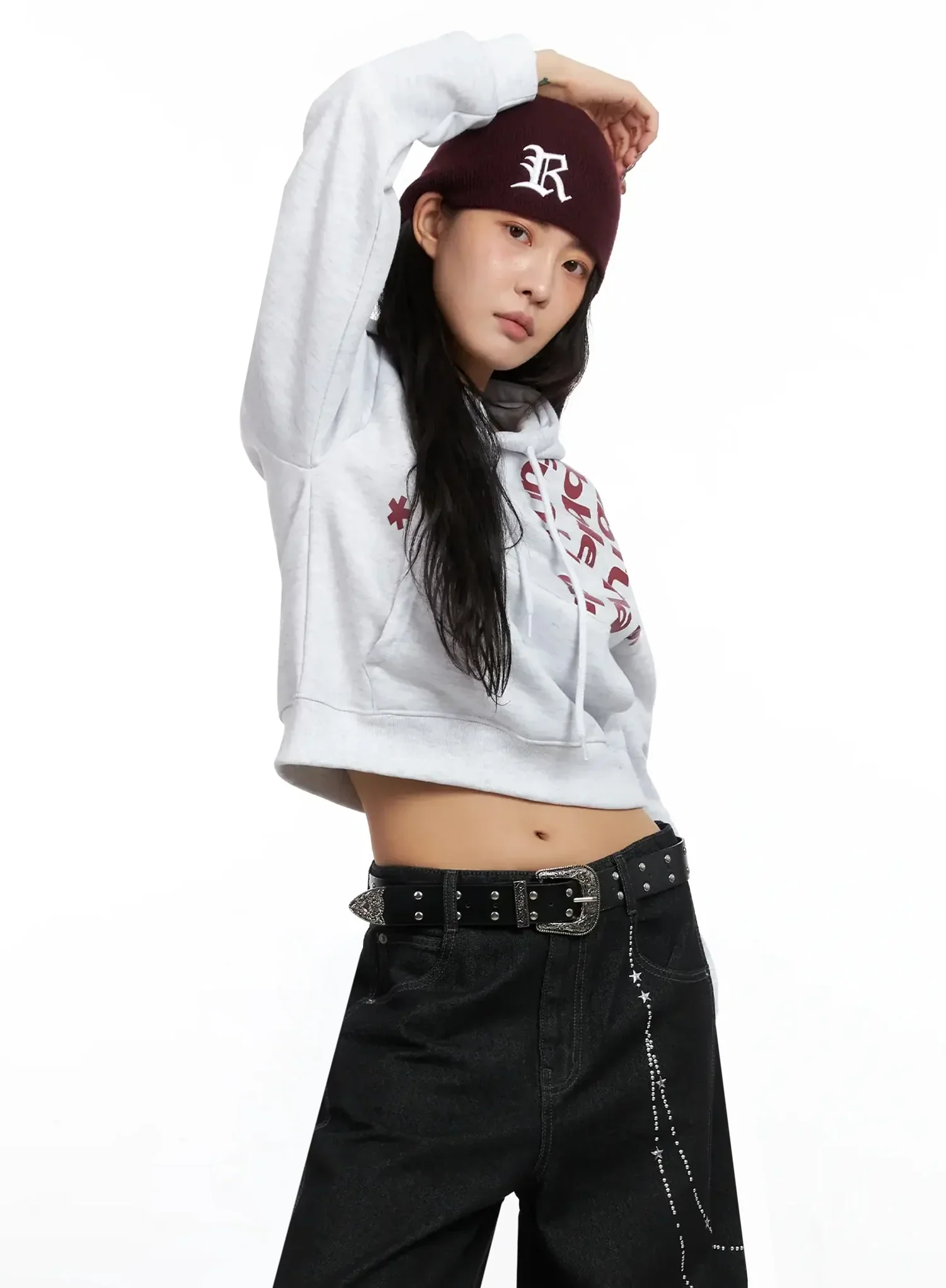 Graphic Print Fleece Cropped Hoodie IN528
