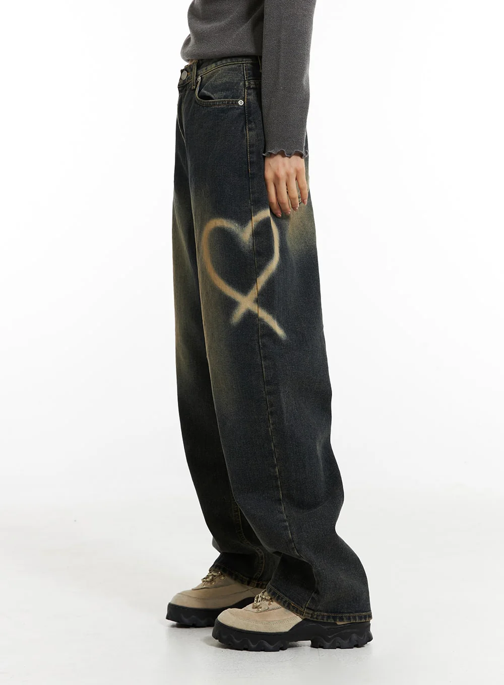 Heart-Bleached Wide Leg Jeans IN308 - Image 5