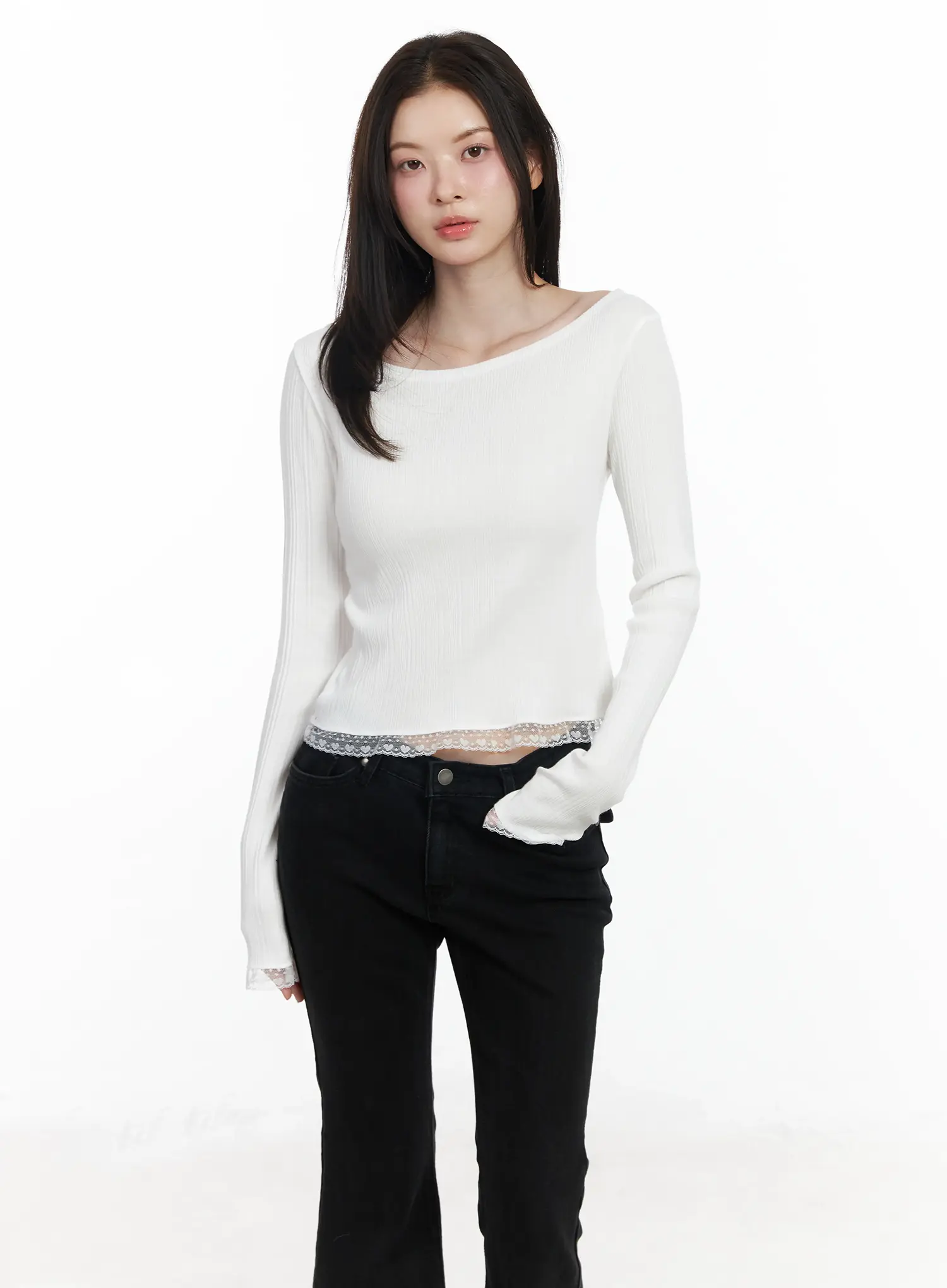 Heart Lace Frill Hem Boat-Neck Top IF520 - Image 7