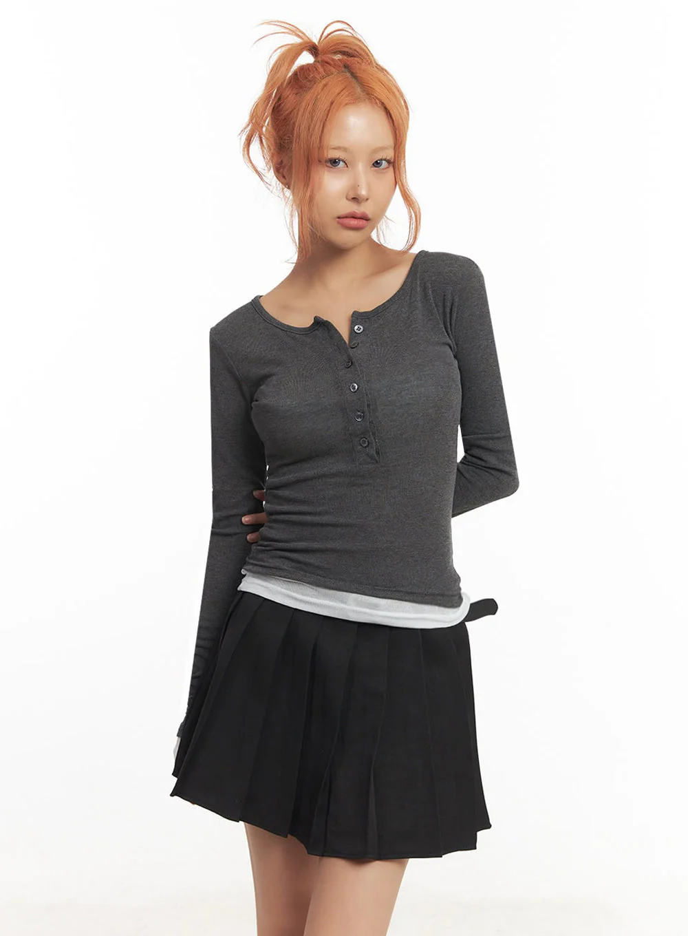 Henley Layered Long Sleeve Top IA515 - Image 3