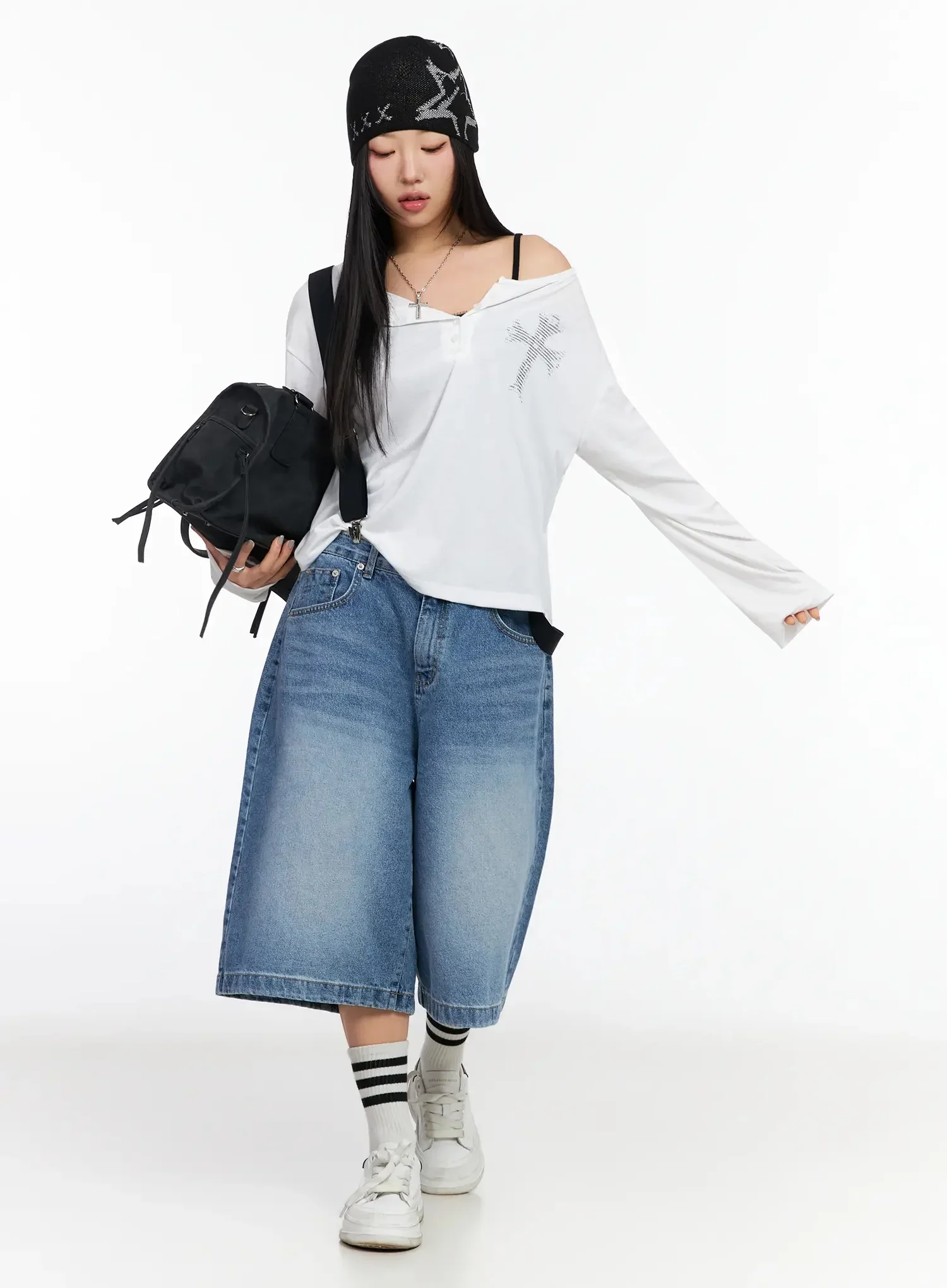High-Waist Washed Wide-Leg Jorts IA507 - Image 2