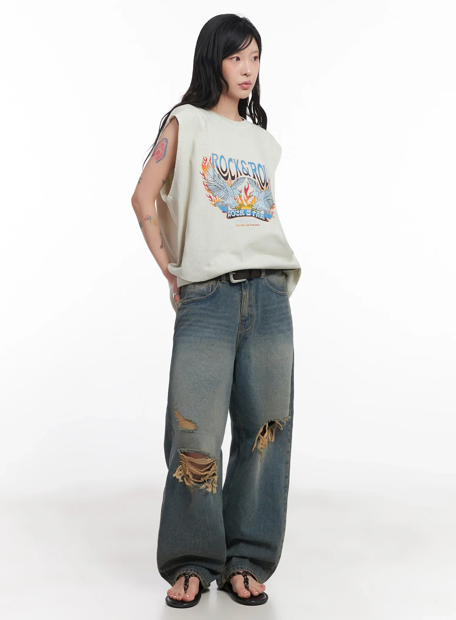 Jeemin Vintage Distressed Wide-Leg Denim Jeans  IC503 - Image 13