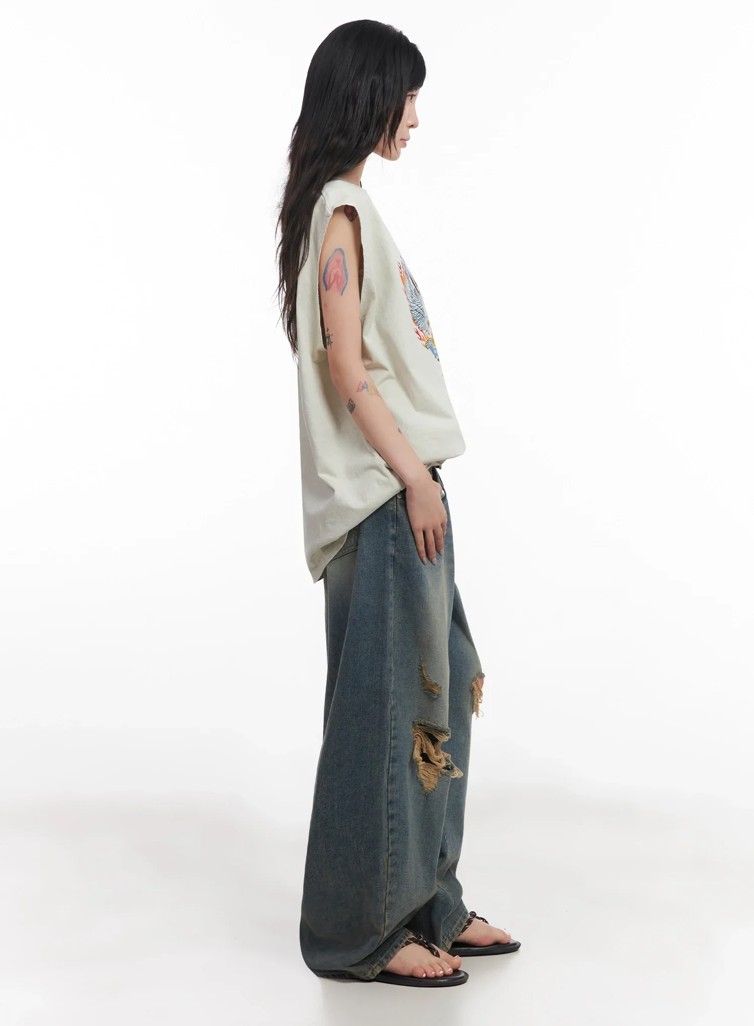 Jeemin Vintage Distressed Wide-Leg Denim Jeans  IC503 - Image 14