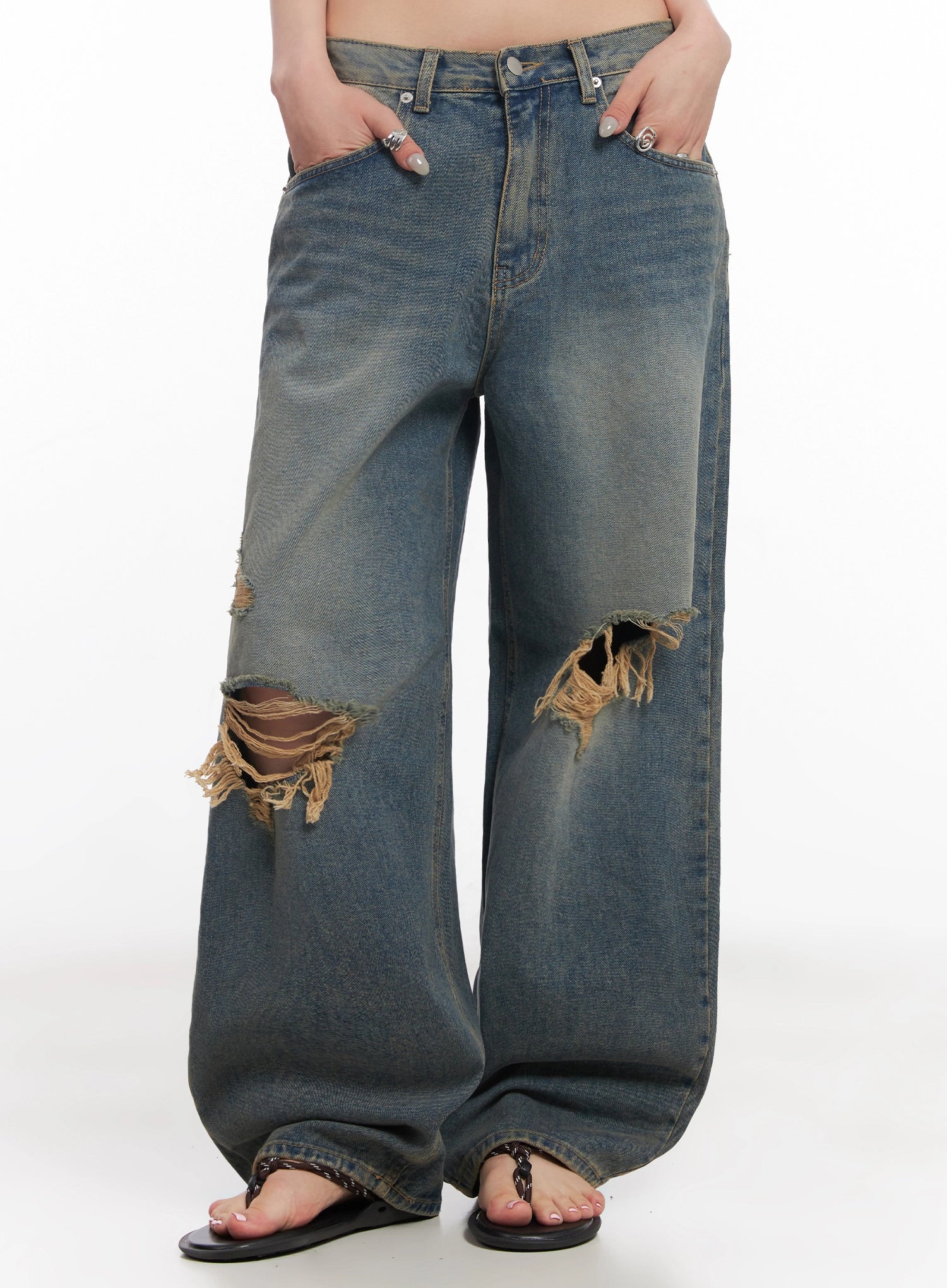 Jeemin Vintage Distressed Wide-Leg Denim Jeans  IC503 - Image 2