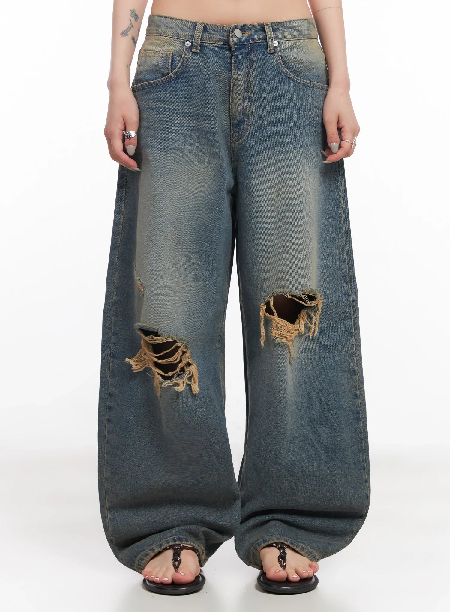 Jeemin Vintage Distressed Wide-Leg Denim Jeans  IC503 - Image 4
