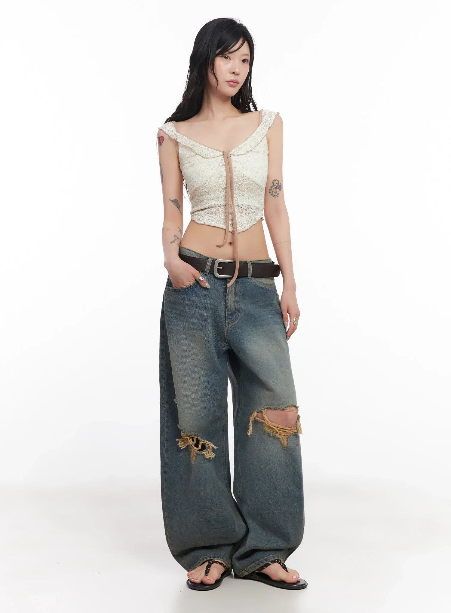 Jeemin Vintage Distressed Wide-Leg Denim Jeans  IC503 - Image 6