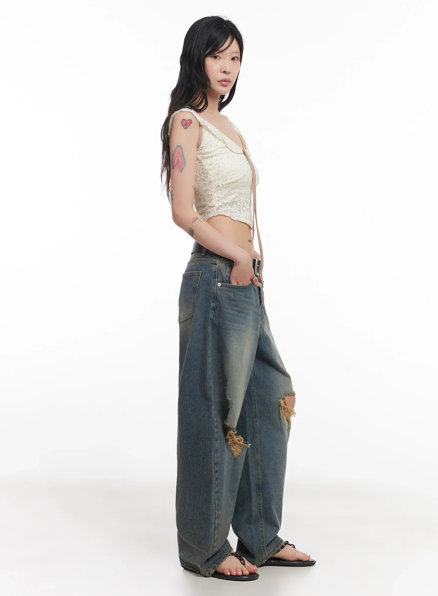 Jeemin Vintage Distressed Wide-Leg Denim Jeans  IC503 - Image 7