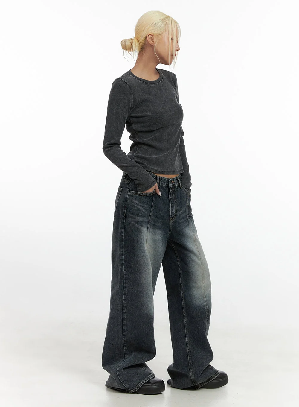 Kaya Stitch Detail Washed Baggy Denim Jeans CS426 - Image 4