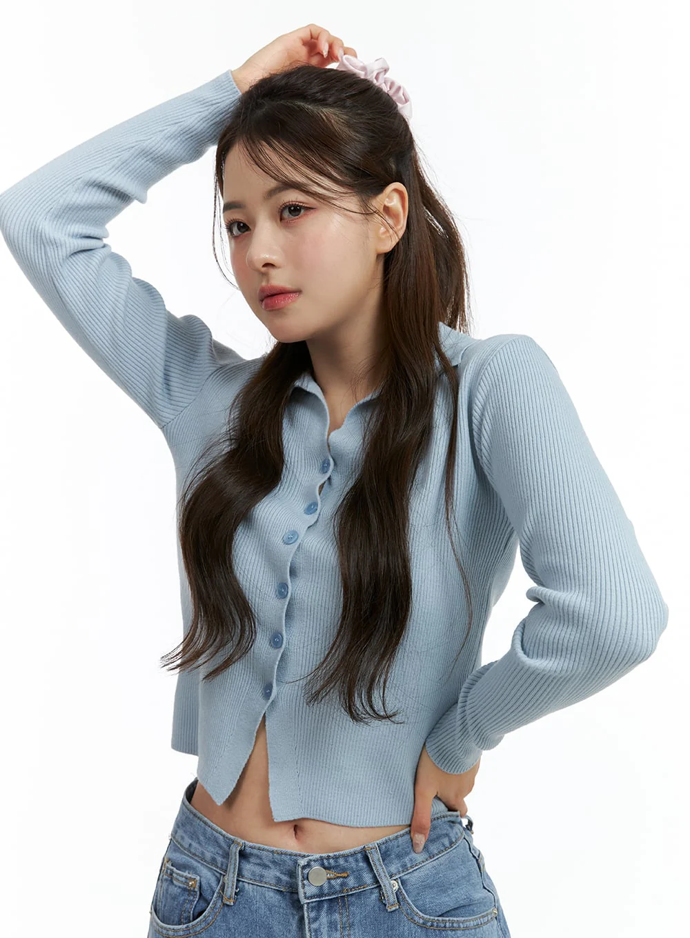 Knit Collar Solid Button Cardigan OJ415 - Image 2