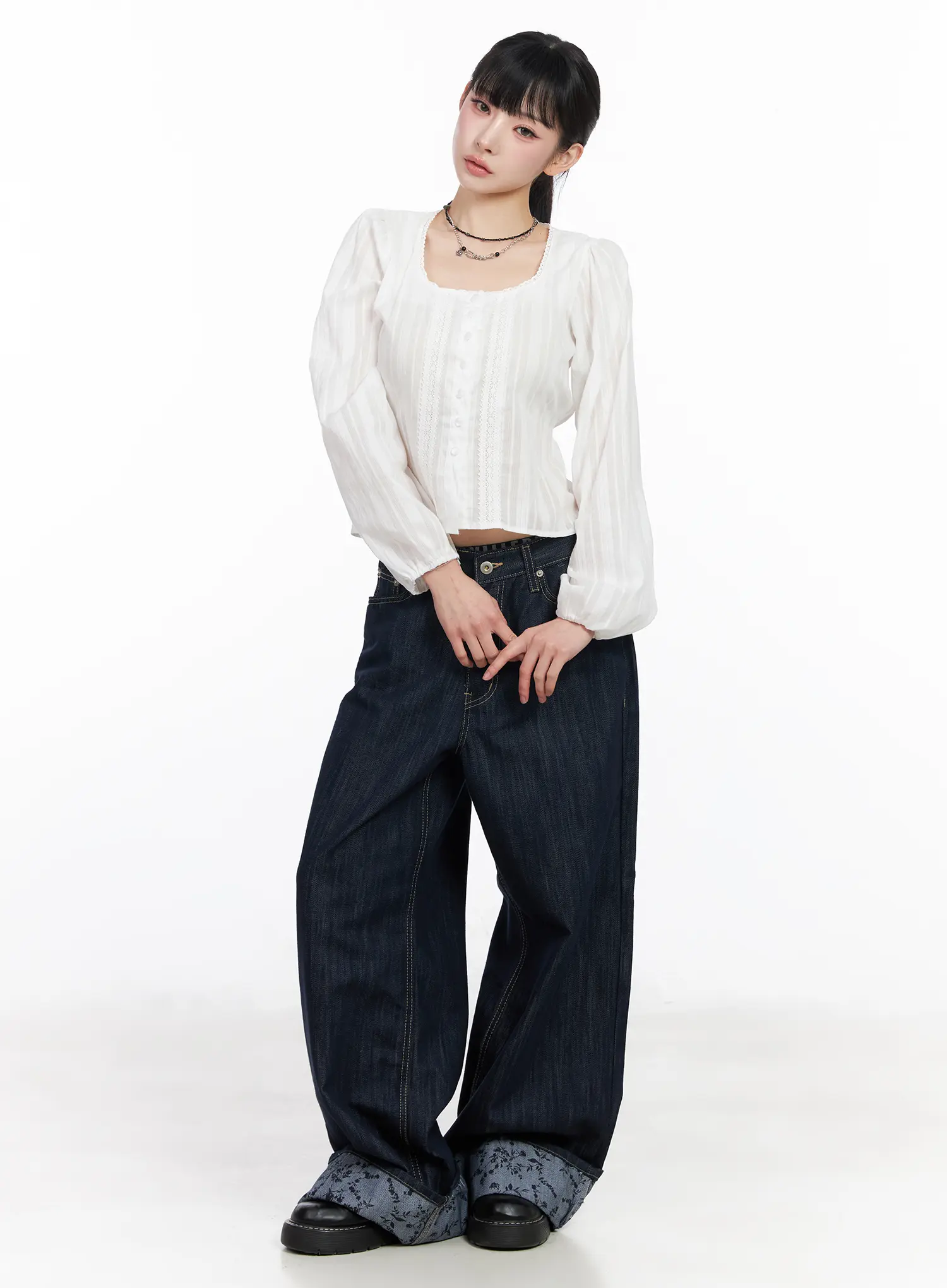 Lace Button-Front Square Neck Blouse CF518 - Image 2