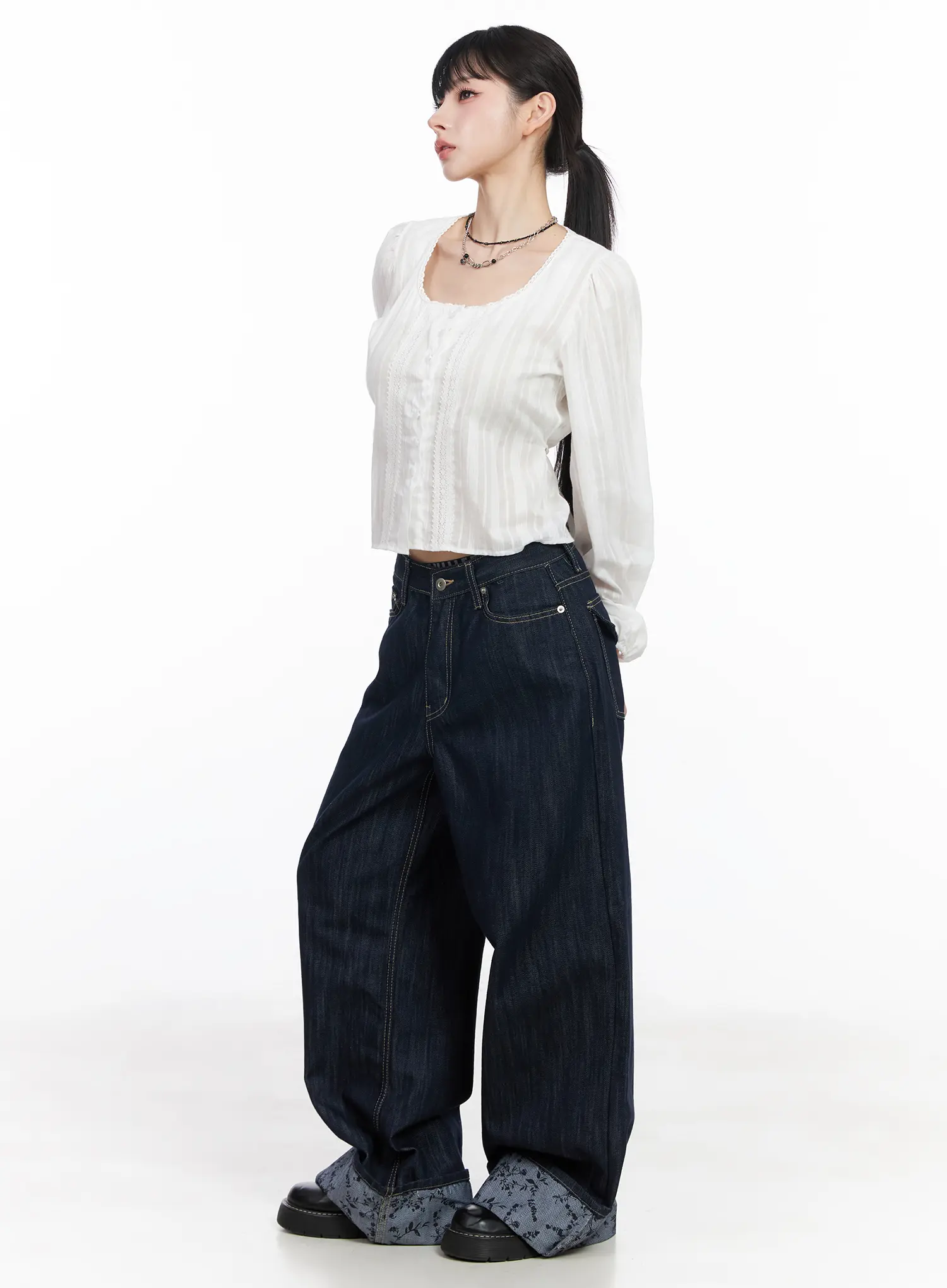Lace Button-Front Square Neck Blouse CF518 - Image 3