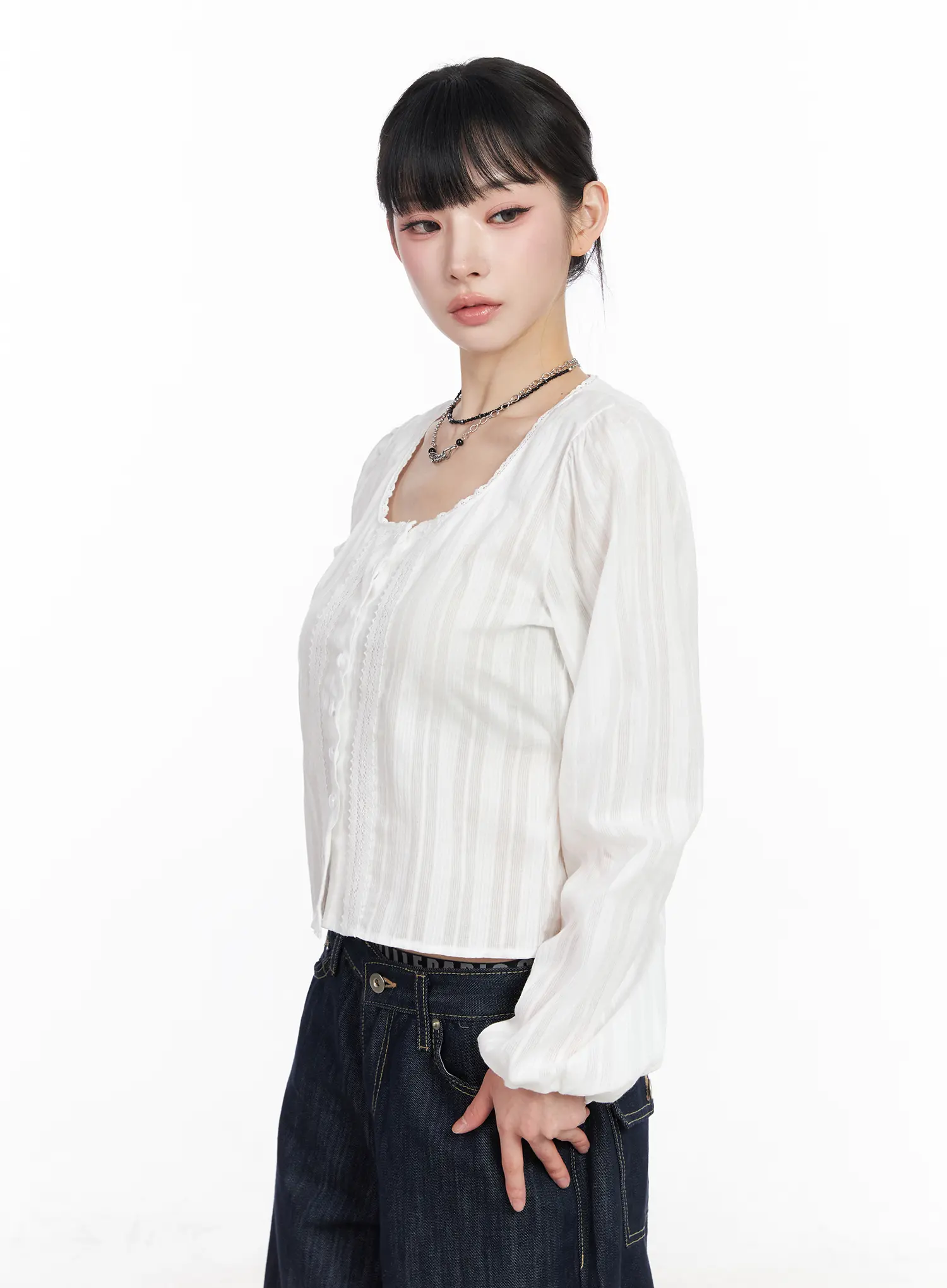Lace Button-Front Square Neck Blouse CF518 - Image 5