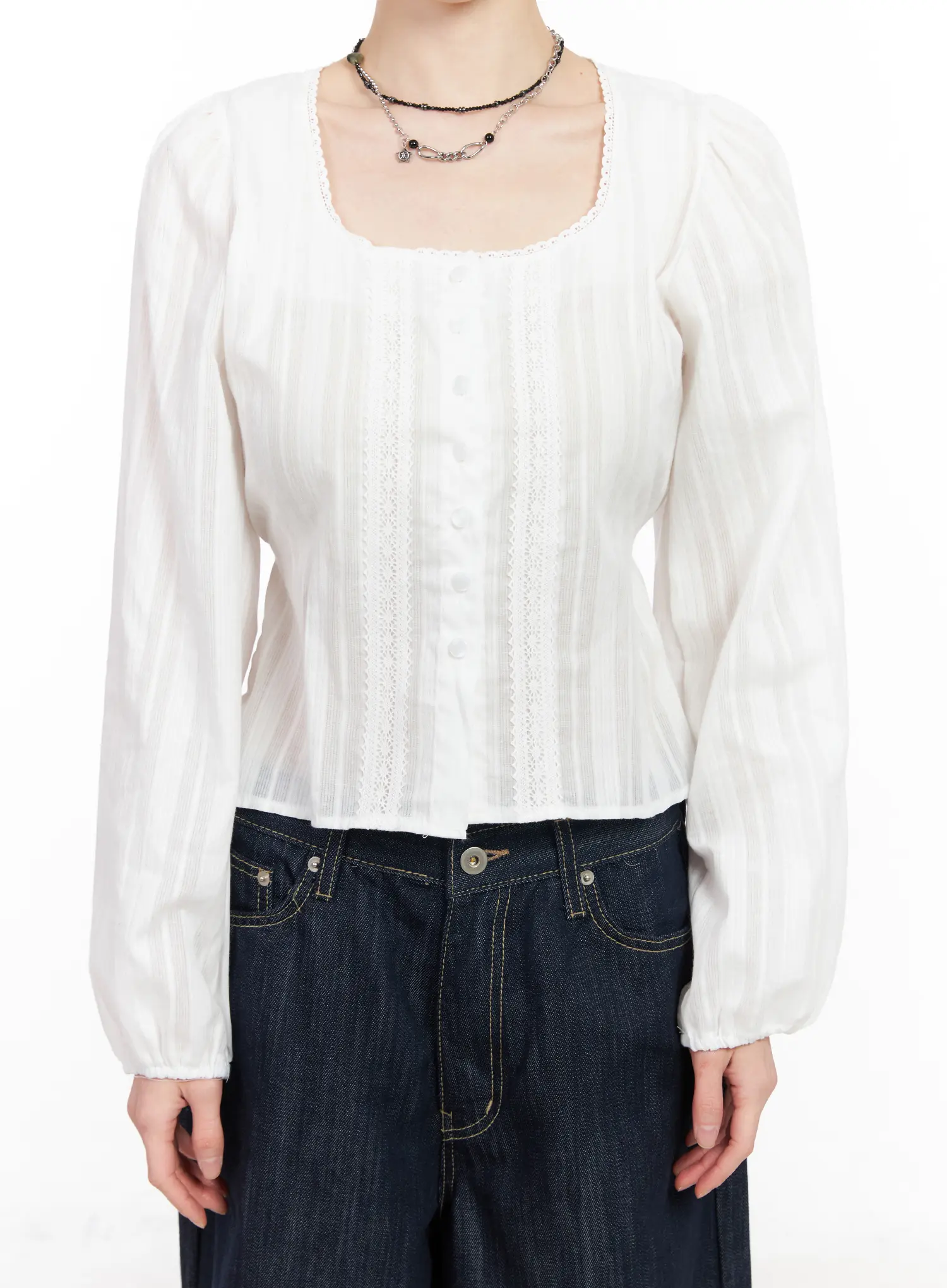 Lace Button-Front Square Neck Blouse CF518 - Image 7