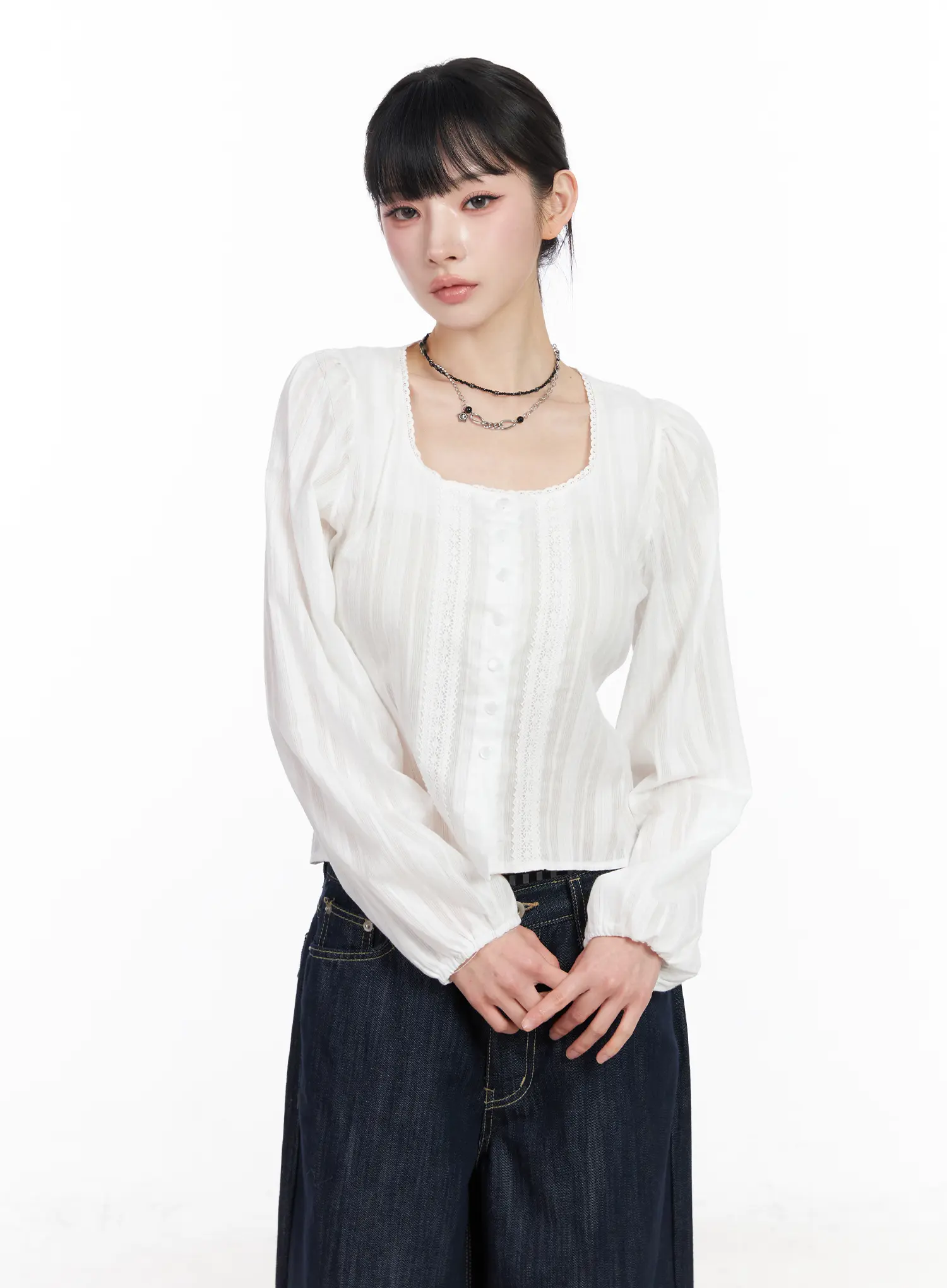 Lace Button-Front Square Neck Blouse CF518 - Image 9