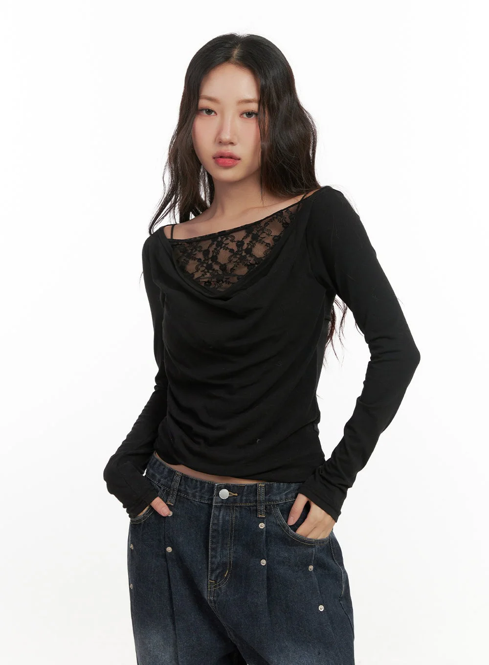 Lace Detail Cowl Neck Top CN426 - Image 7