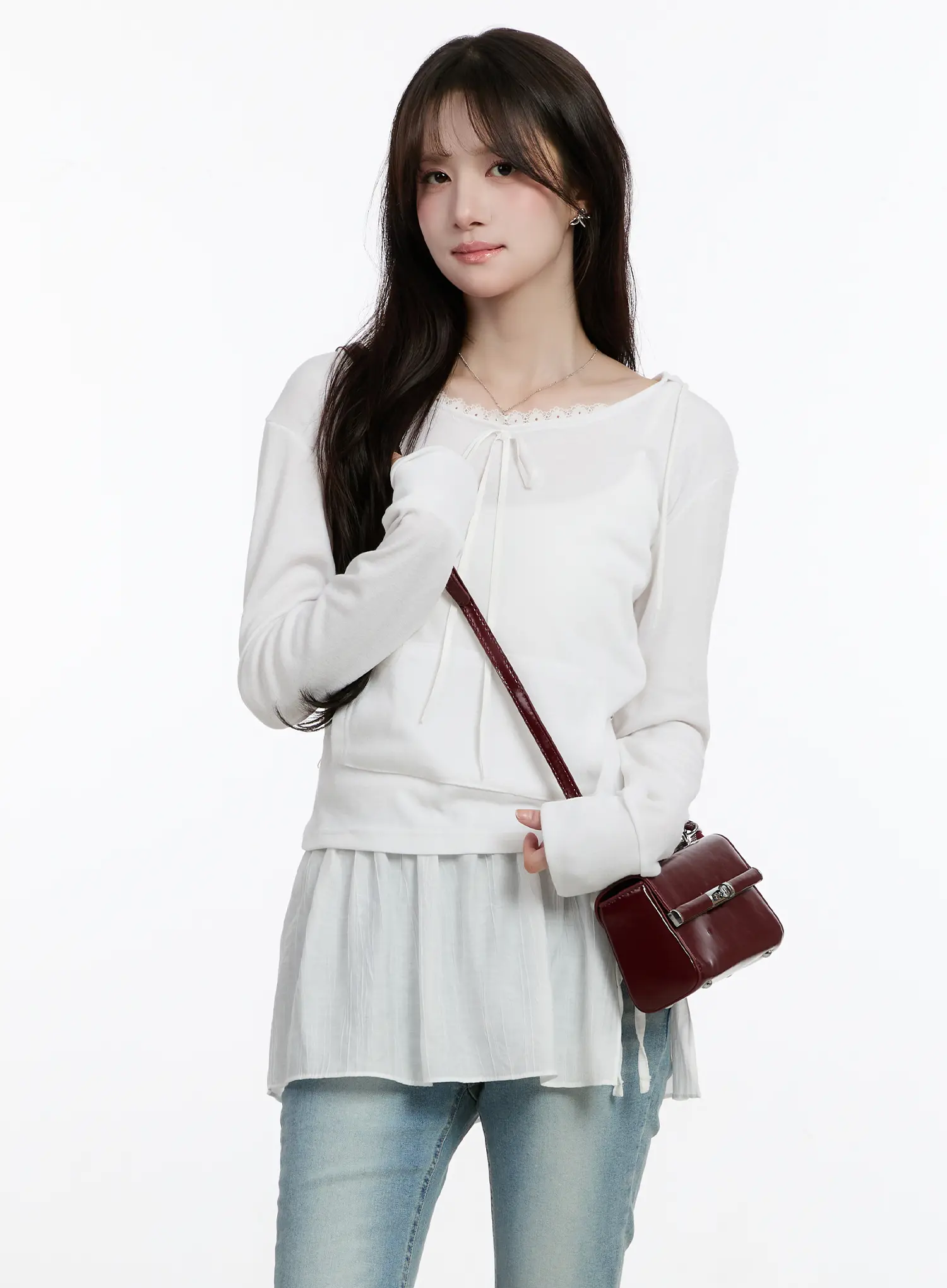 Lace Ribbon Hooded Long Sleeve Top CM505
