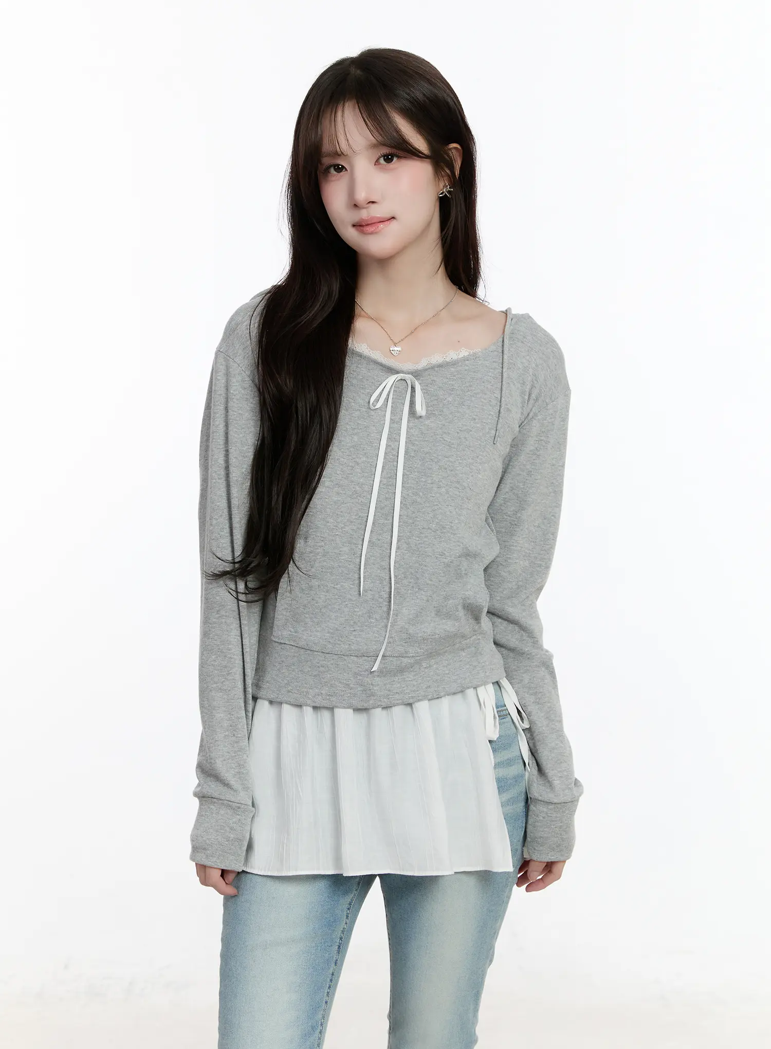 Lace Ribbon Hooded Long Sleeve Top CM505 - Image 2
