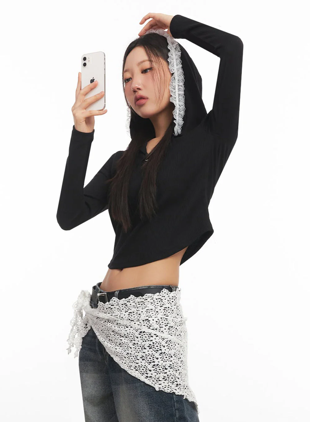 Lace-Trim Crop Hoodie IA524