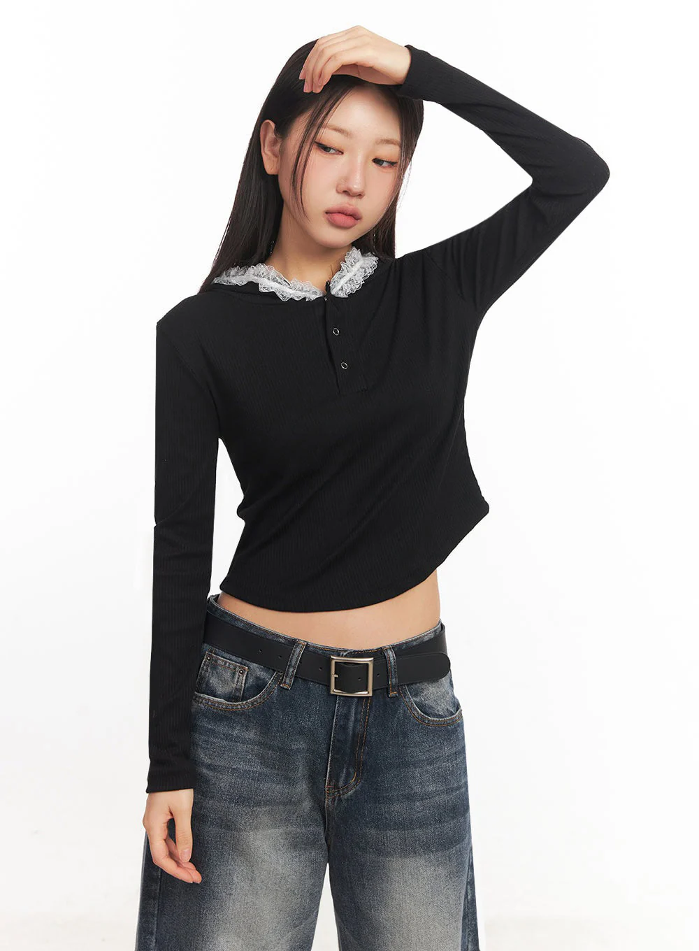 Lace-Trim Crop Hoodie IA524 - Image 12