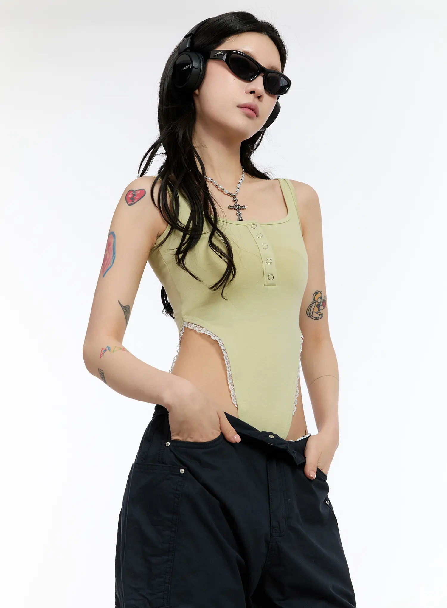 Lace Trim Henley Bodysuit CA507