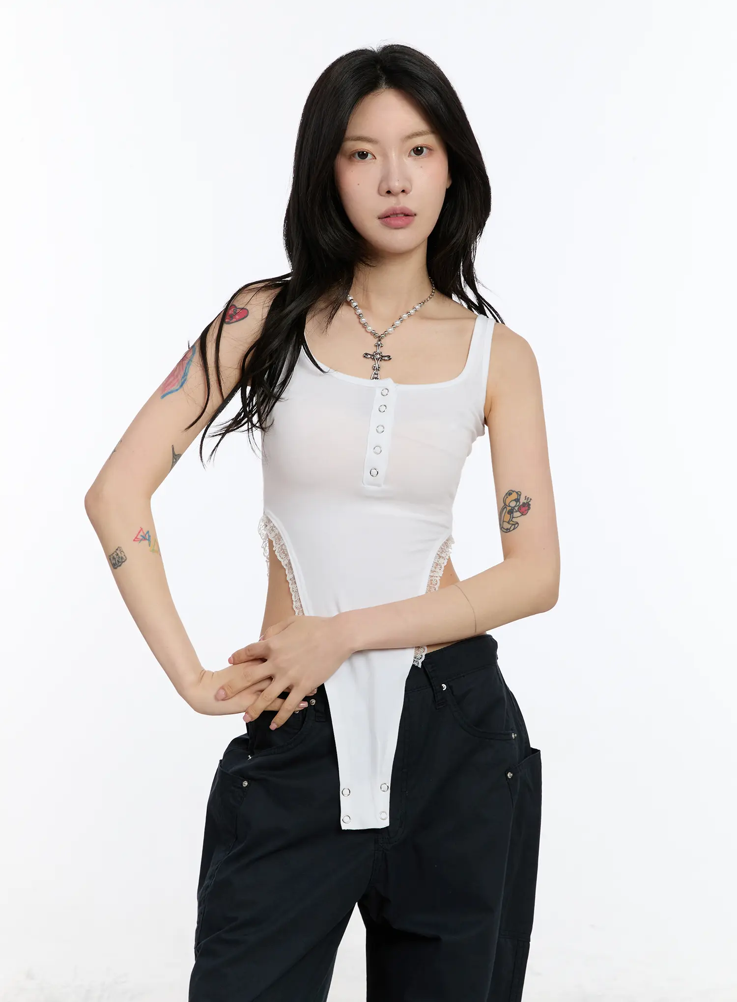 Lace Trim Henley Bodysuit CA507 - Image 2