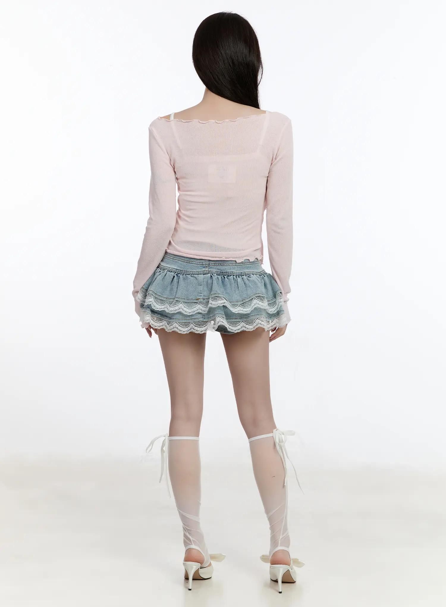 Lace-Trim Ruffle Denim Mini Skirt CA501 - Image 3