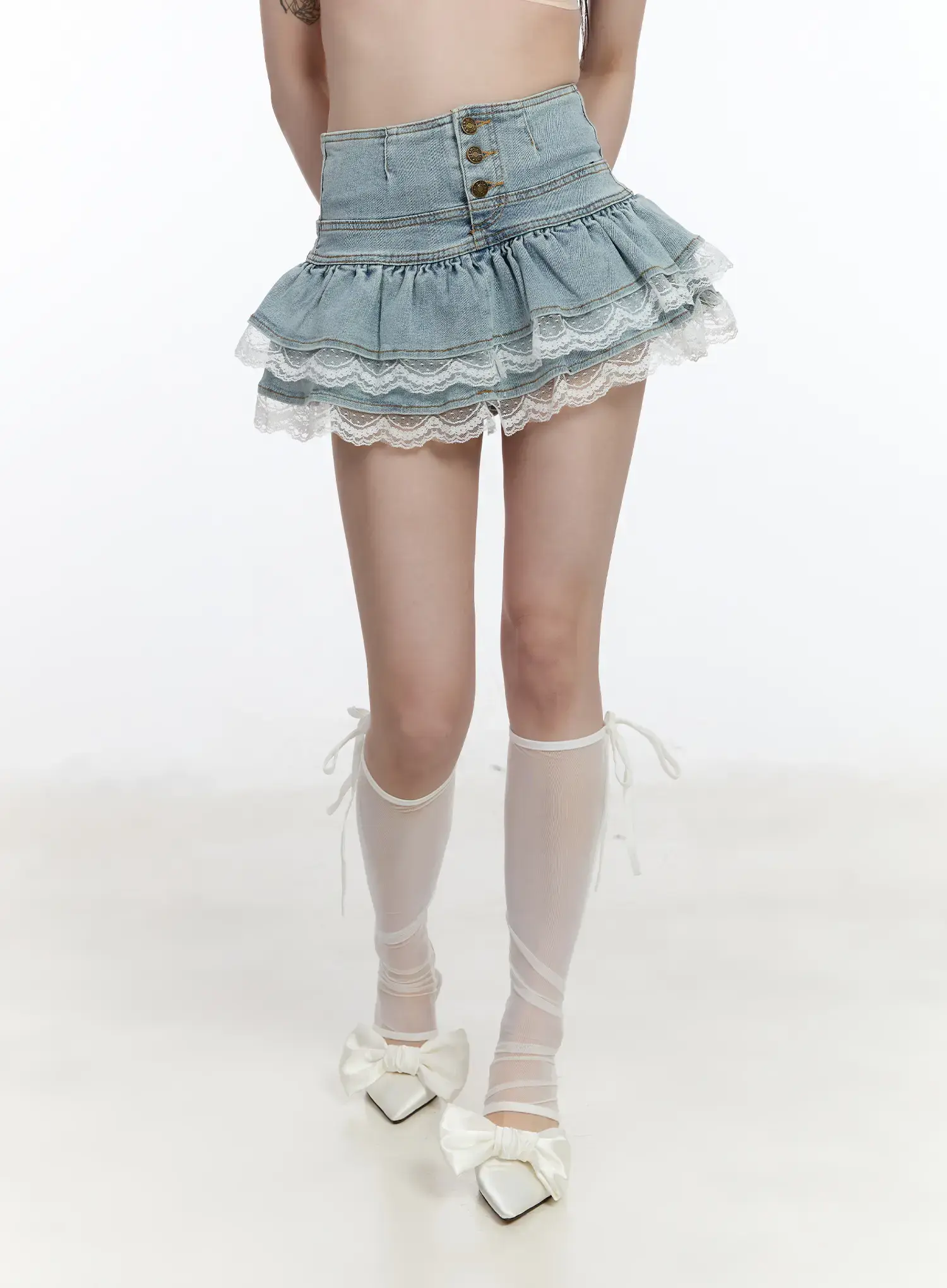 Lace-Trim Ruffle Denim Mini Skirt CA501 - Image 9