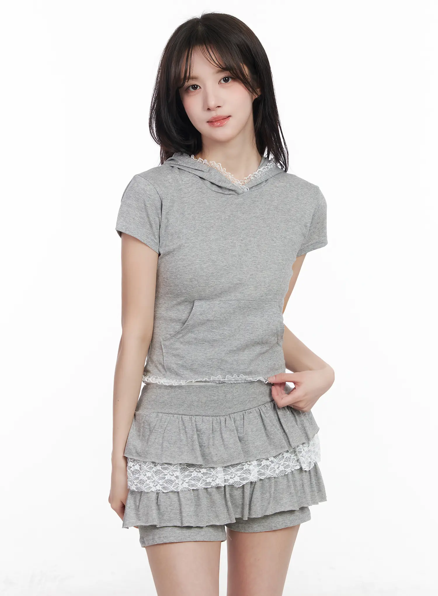 Lace Trim Slim-Fit Short Sleeve Hoodie CM531