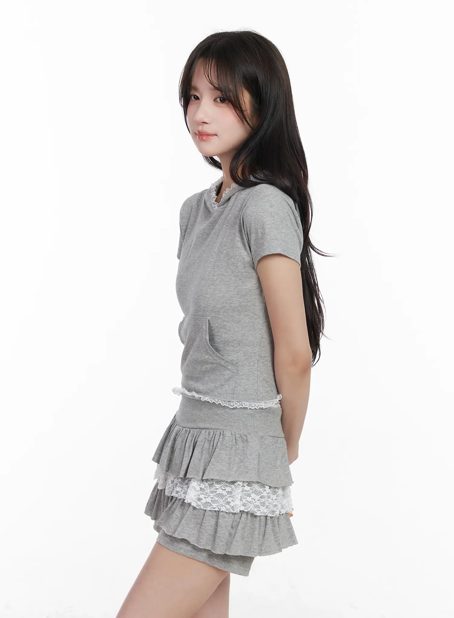 Lace Trim Slim-Fit Short Sleeve Hoodie CM531 - Image 10
