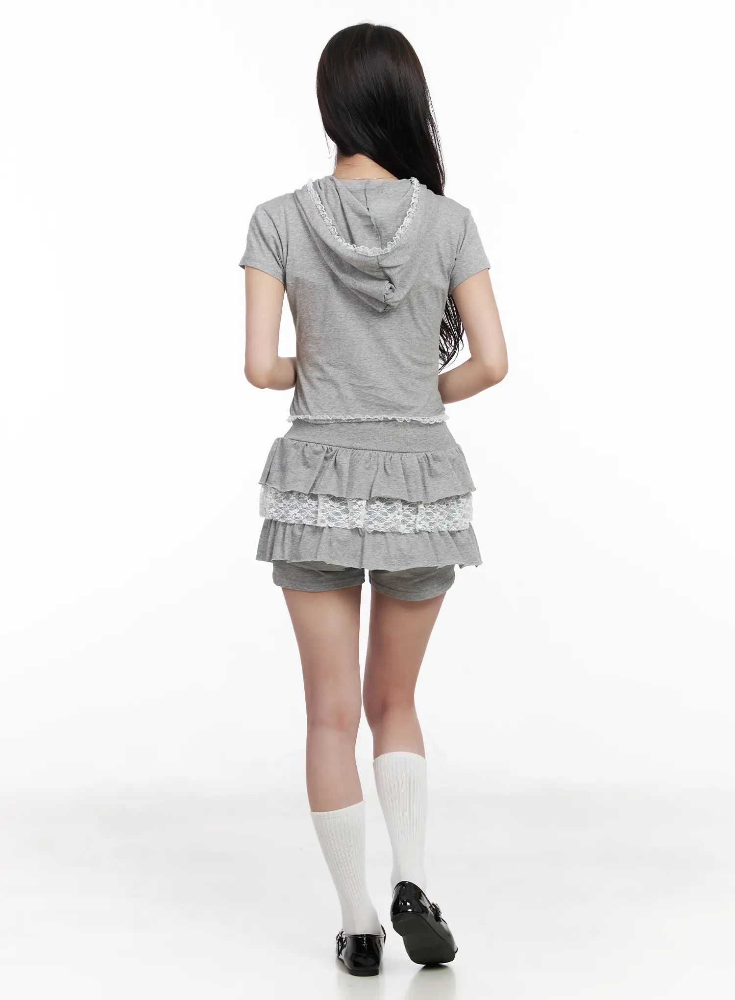 Lace Trim Slim-Fit Short Sleeve Hoodie CM531 - Image 5