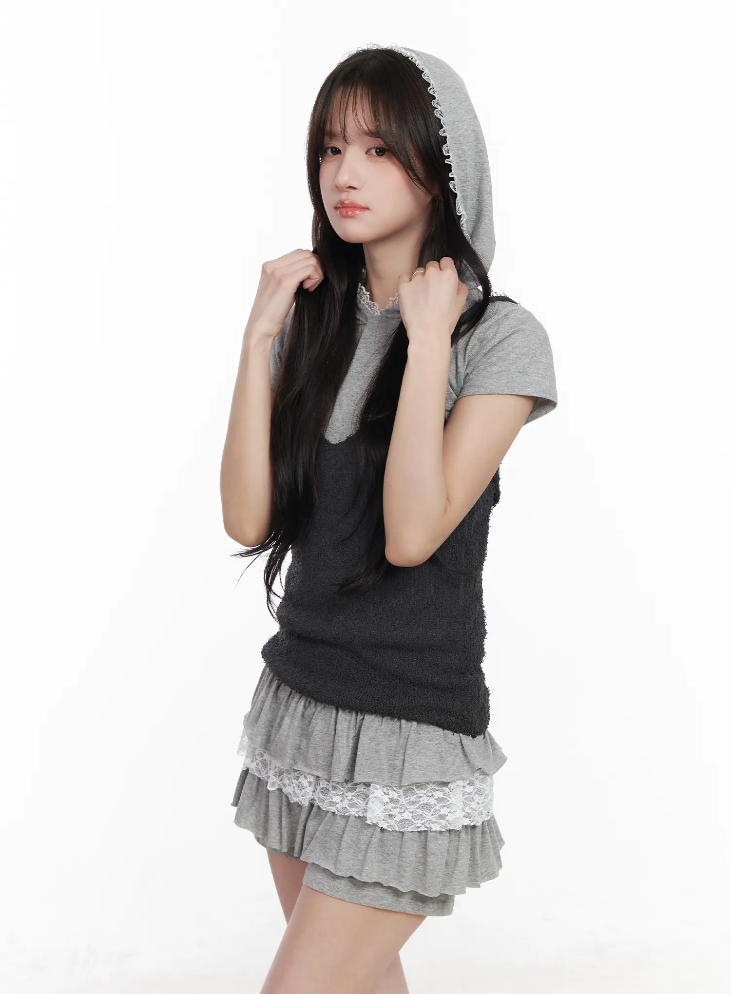Lace Trim Slim-Fit Short Sleeve Hoodie CM531 - Image 6