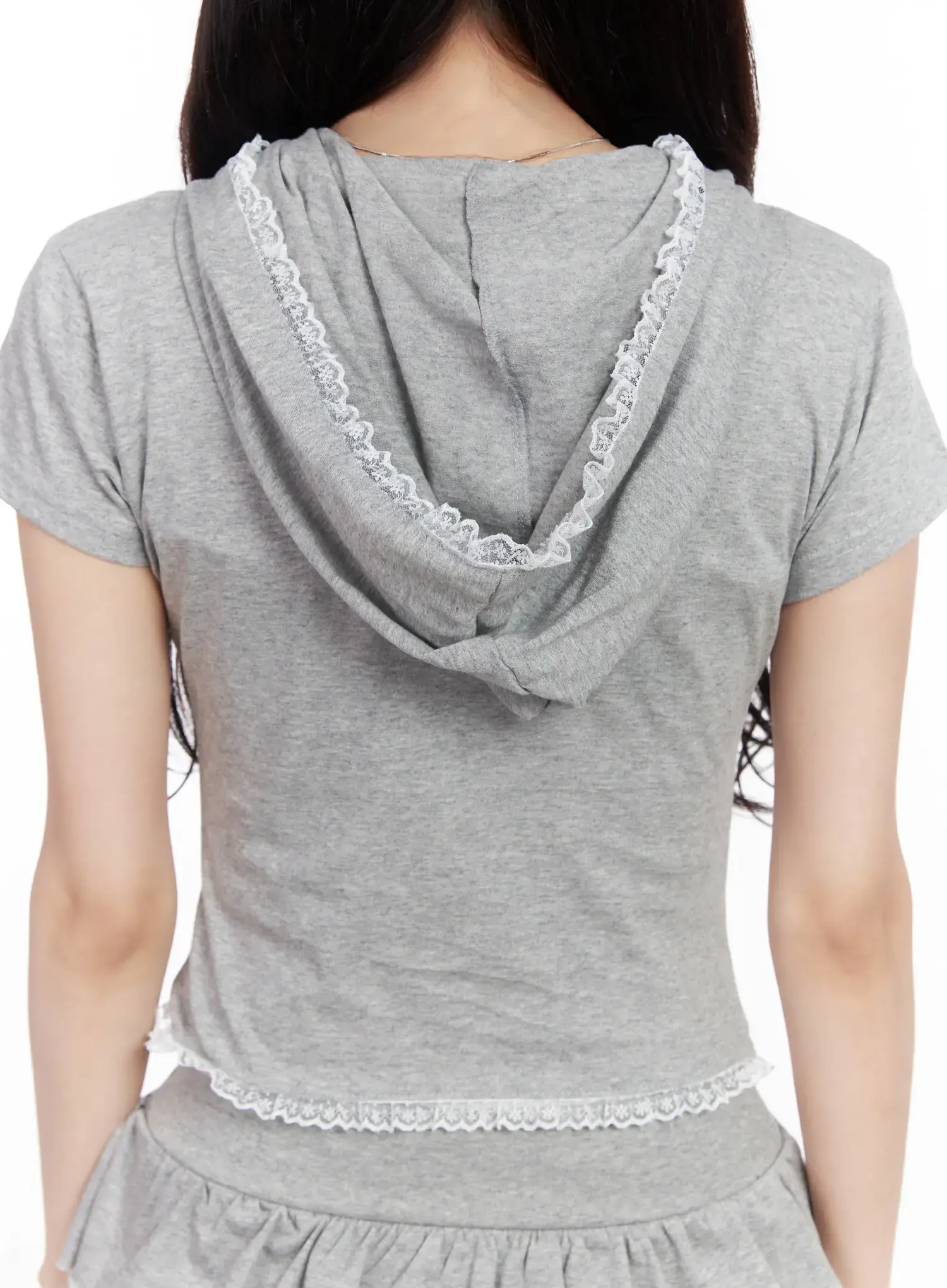 Lace Trim Slim-Fit Short Sleeve Hoodie CM531 - Image 9