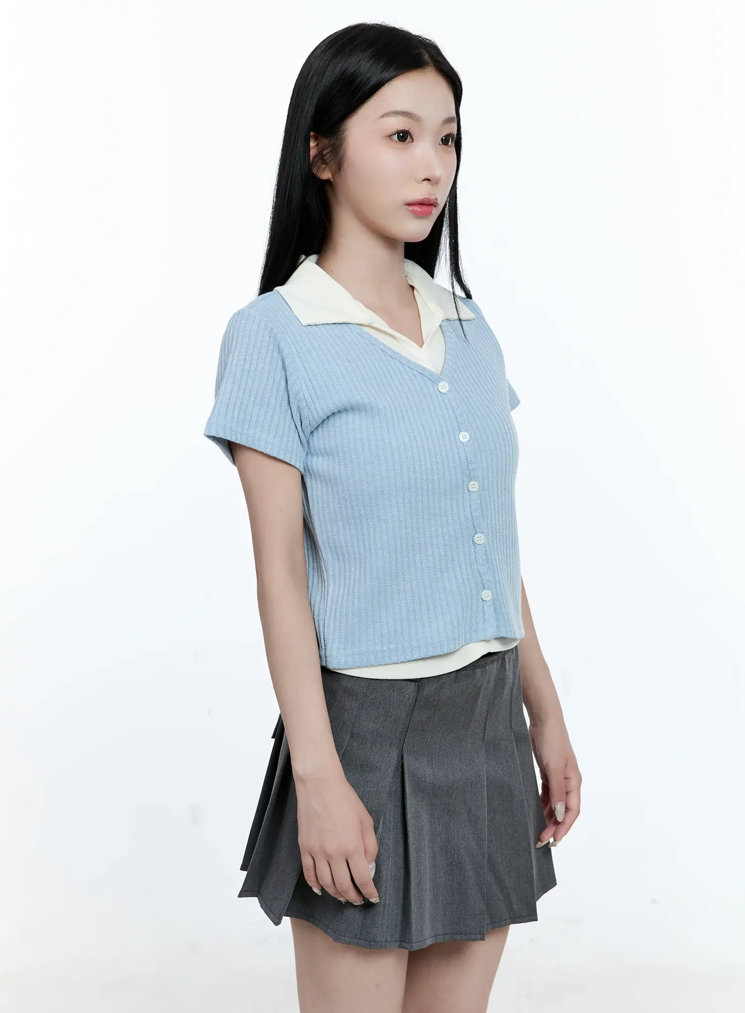 Layered-Collar Cardigan Tee CG511 - Image 9