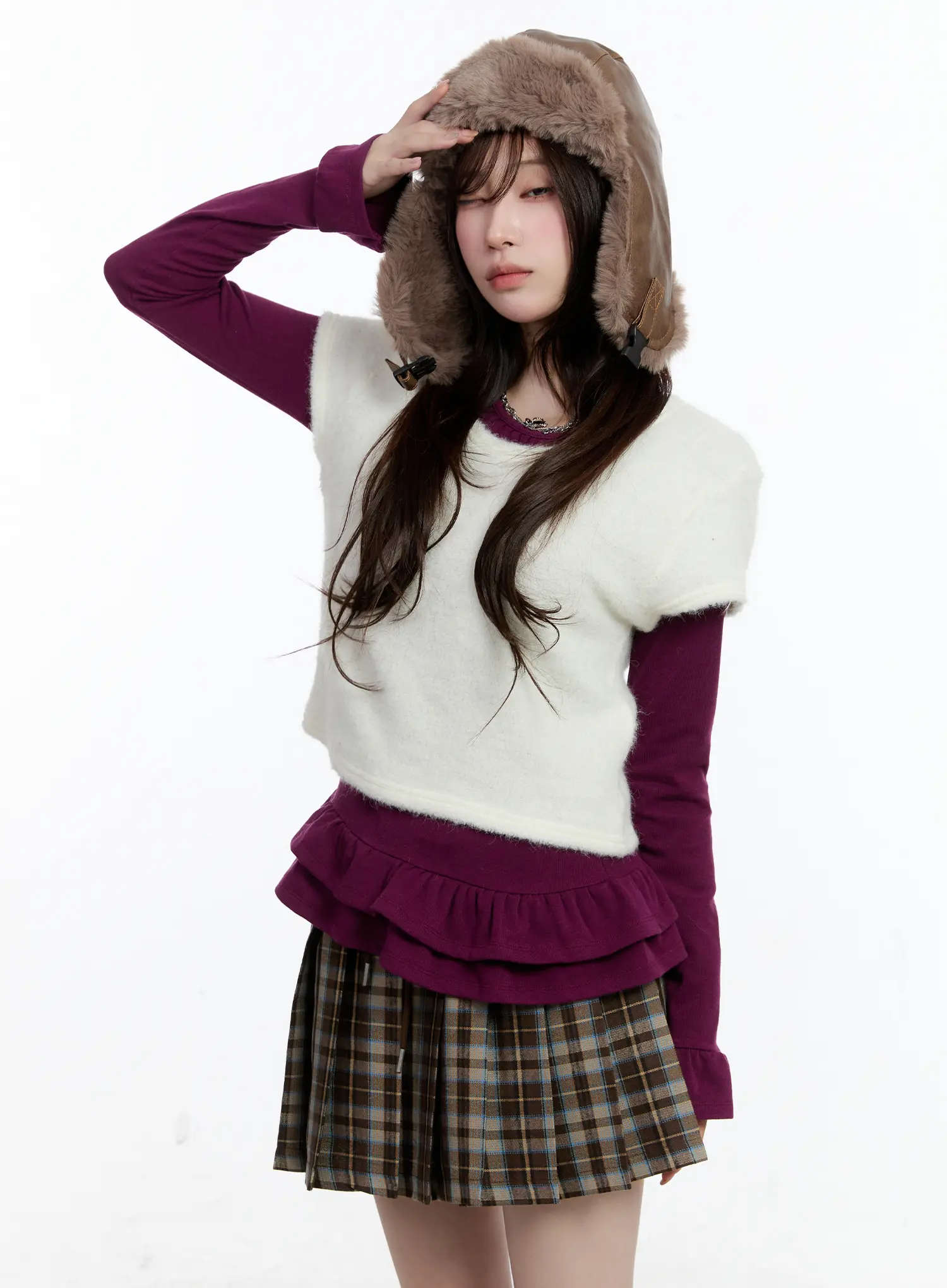 Layered Fur Trim Short Sleeve Top CN525