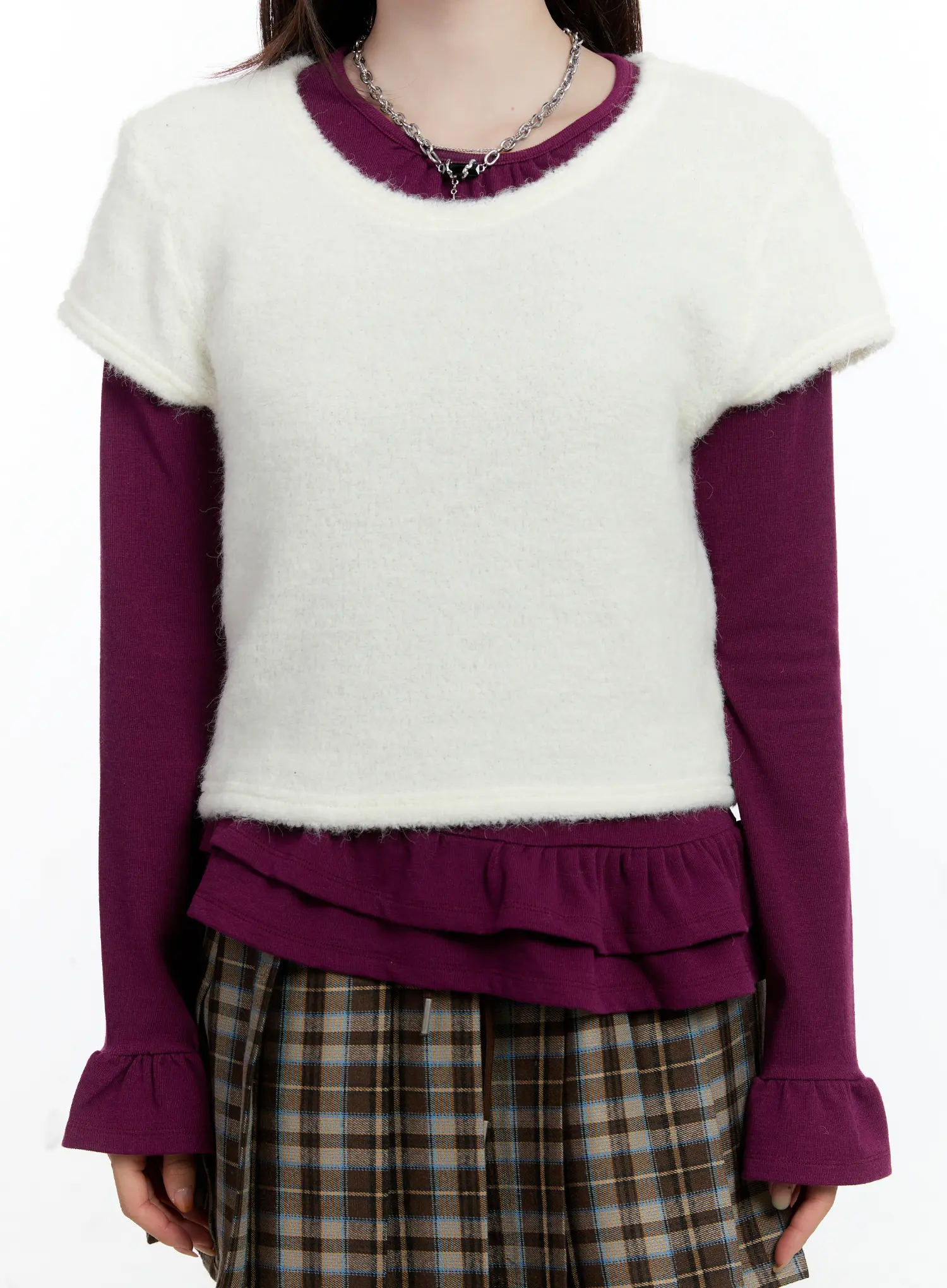 Layered Fur Trim Short Sleeve Top CN525 - Image 3
