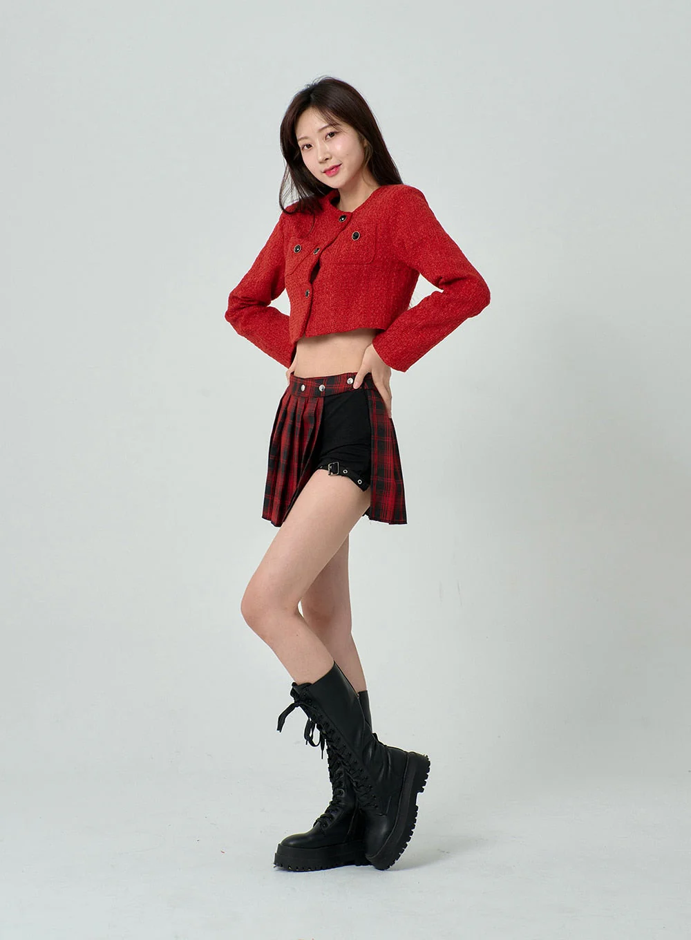 Layered Plaid Pleated Mini Skirt And Short Pants BN22 - Image 3
