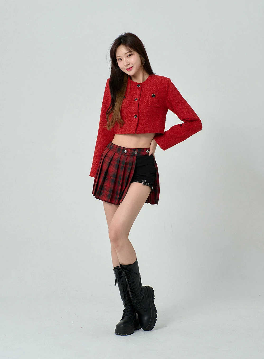 Layered Plaid Pleated Mini Skirt And Short Pants BN22 - Image 4