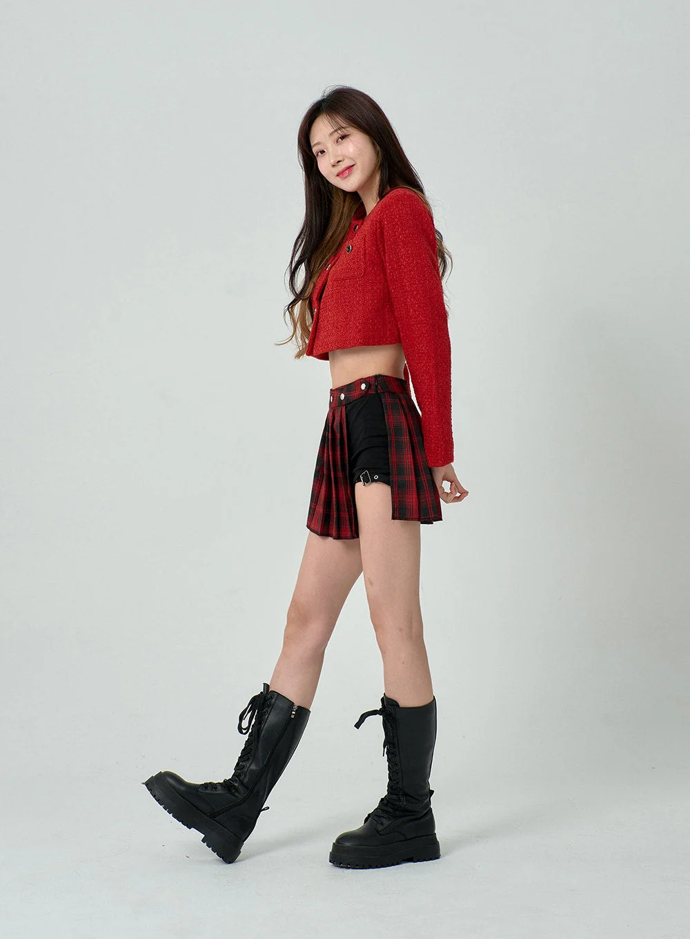 Layered Plaid Pleated Mini Skirt And Short Pants BN22 - Image 6