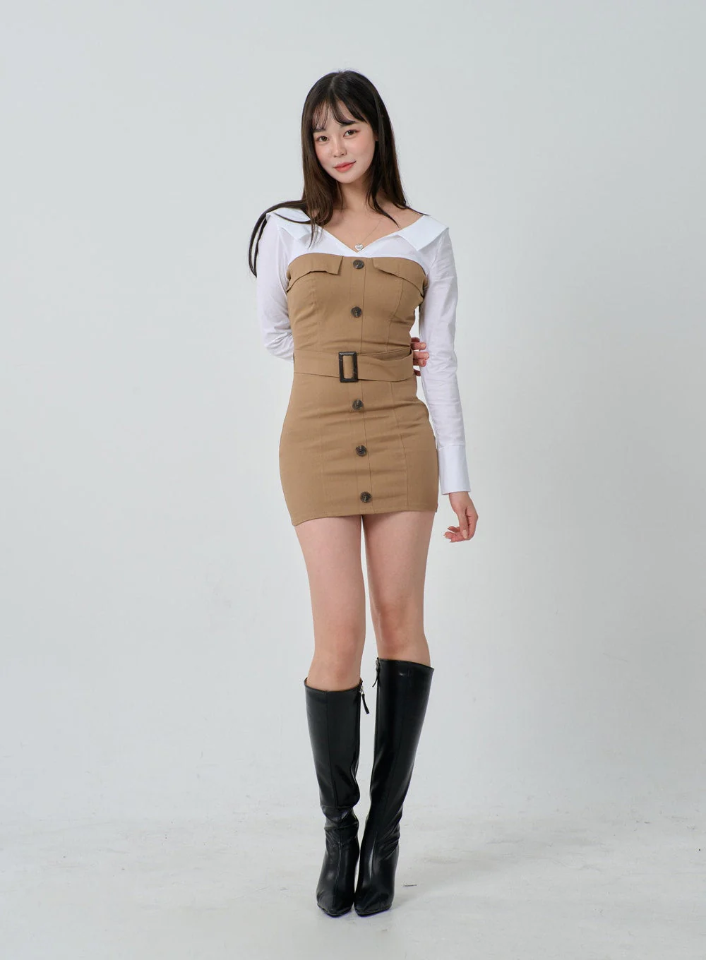 Layered V-Neck Button Belt Mini Dress ID29 - Image 9