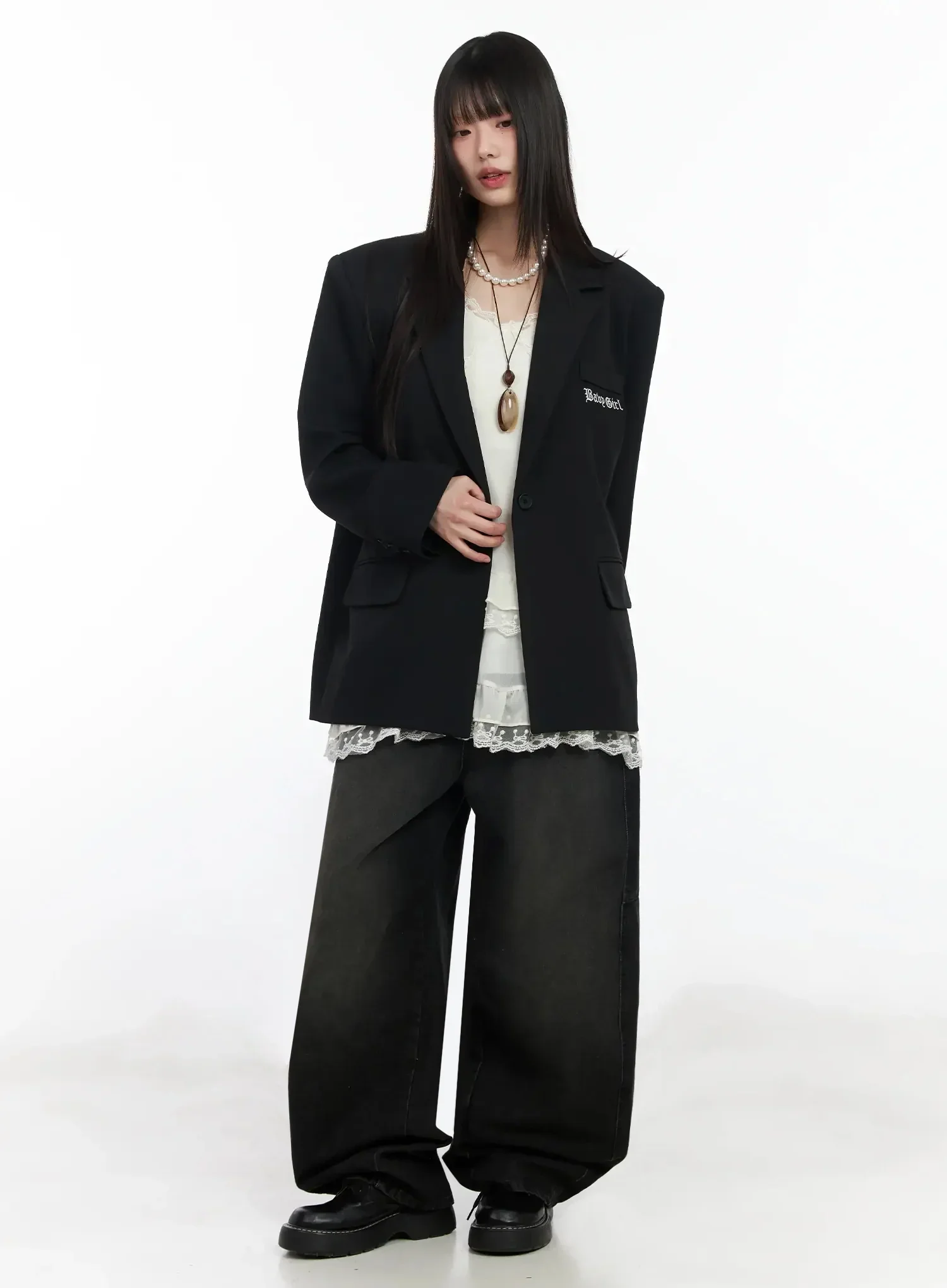 Lettering Embroidered Oversized Blazer IM530 - Image 6